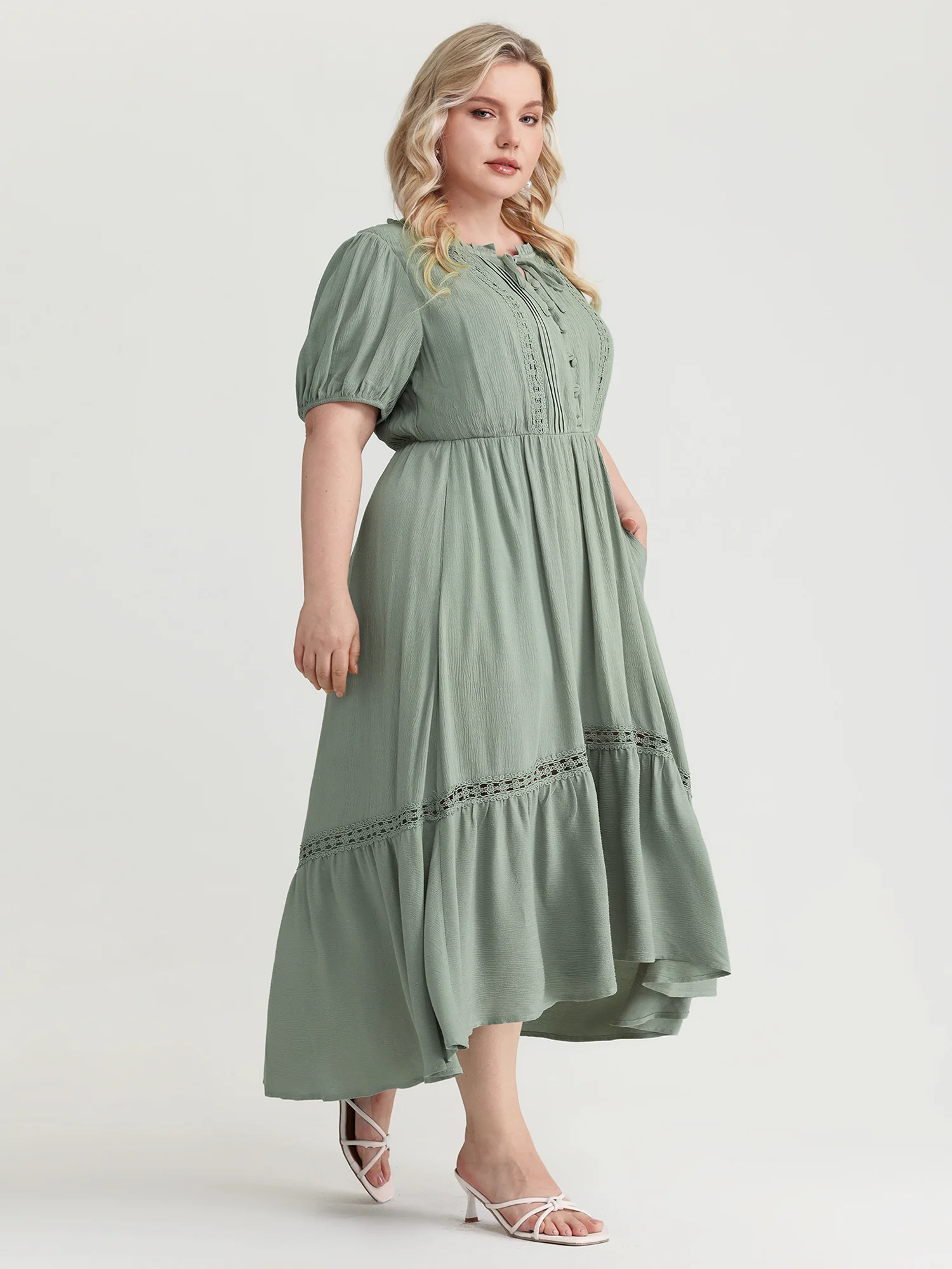 Lace Trim Drawstring Neckline Plain Midi Dress - Image 3