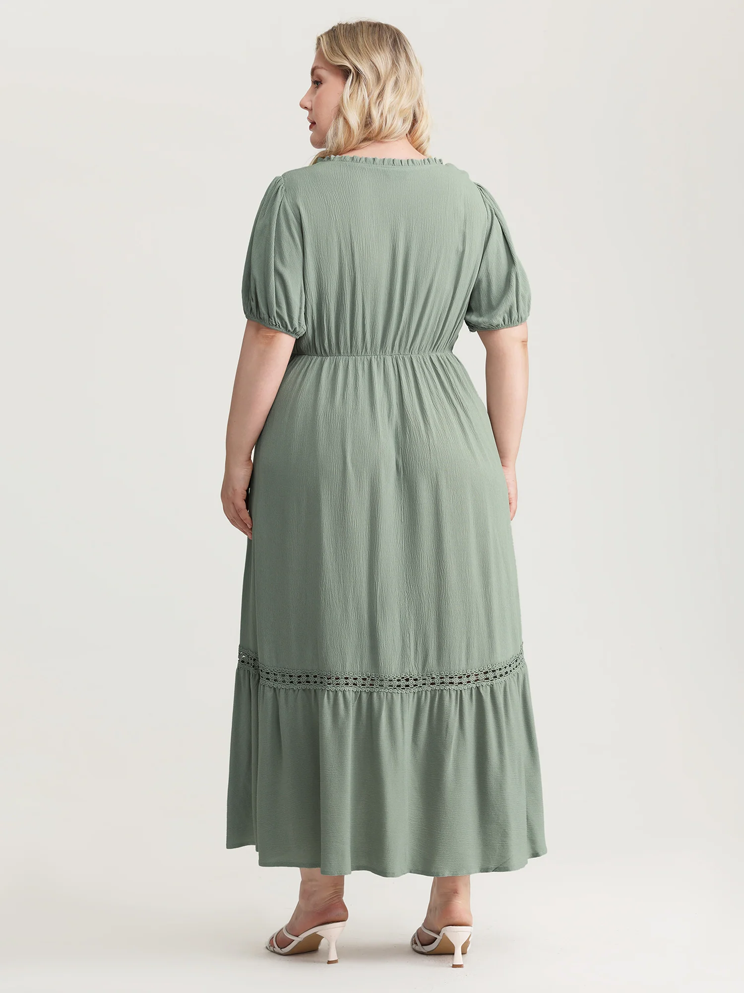 Lace Trim Drawstring Neckline Plain Midi Dress - Image 4
