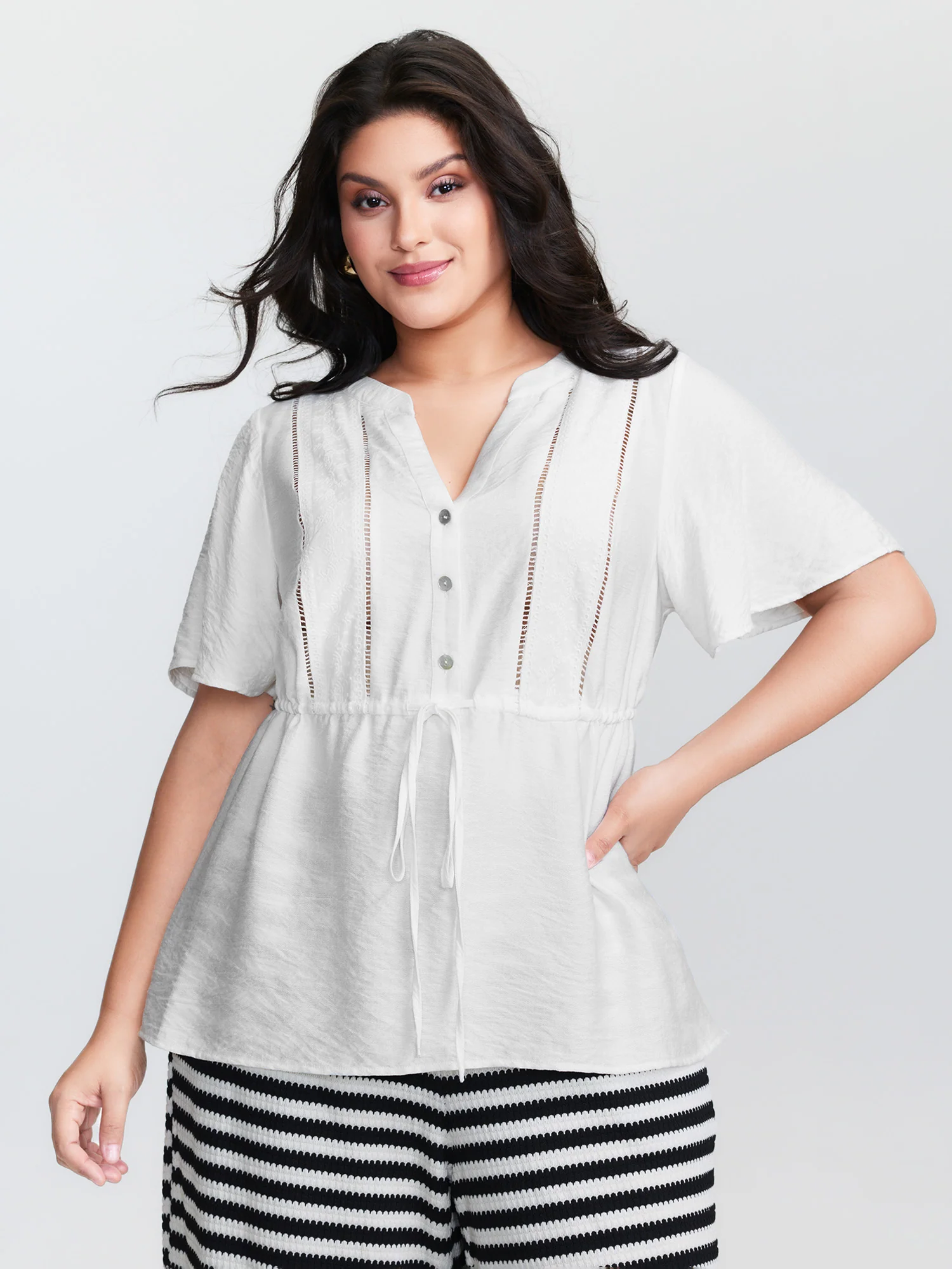 Lace Trim Drawstring Waist Plain Blouse