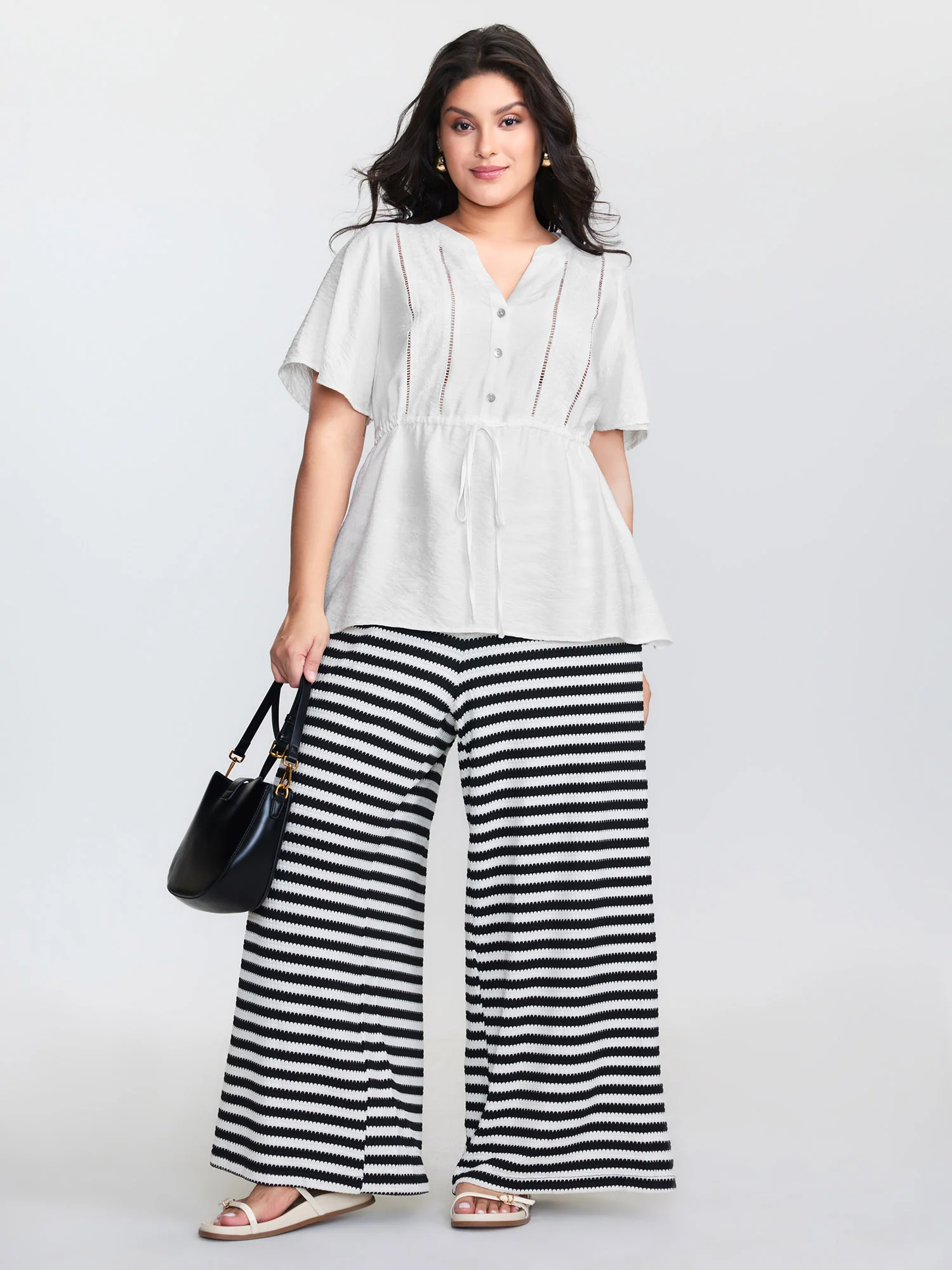 Lace Trim Drawstring Waist Plain Blouse - Image 2