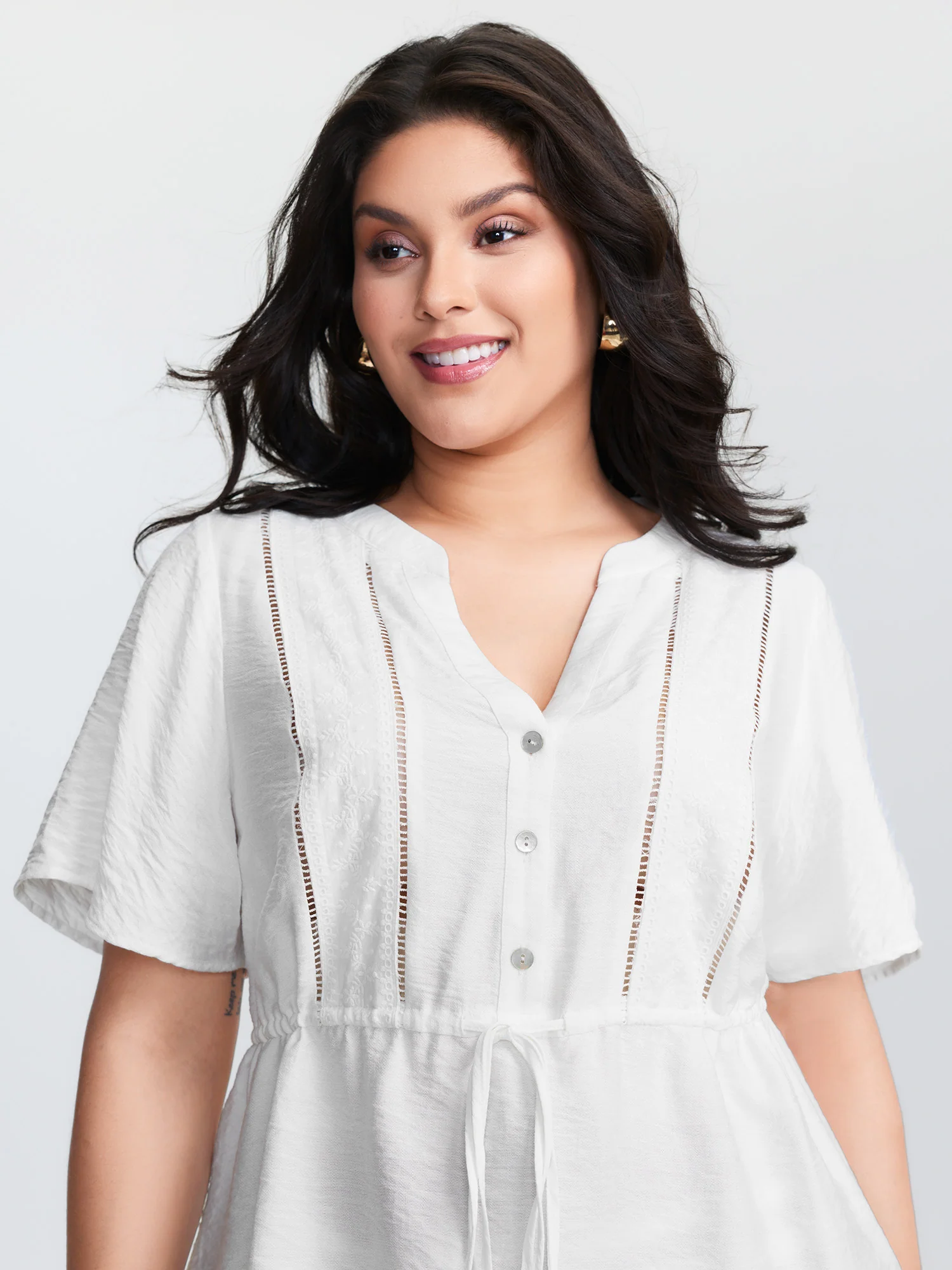 Lace Trim Drawstring Waist Plain Blouse - Image 3