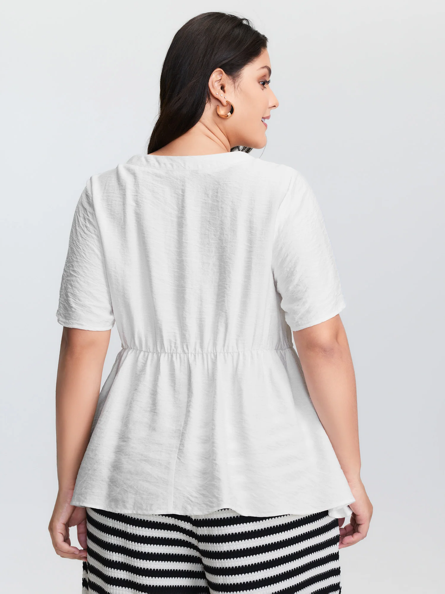 Lace Trim Drawstring Waist Plain Blouse - Image 4