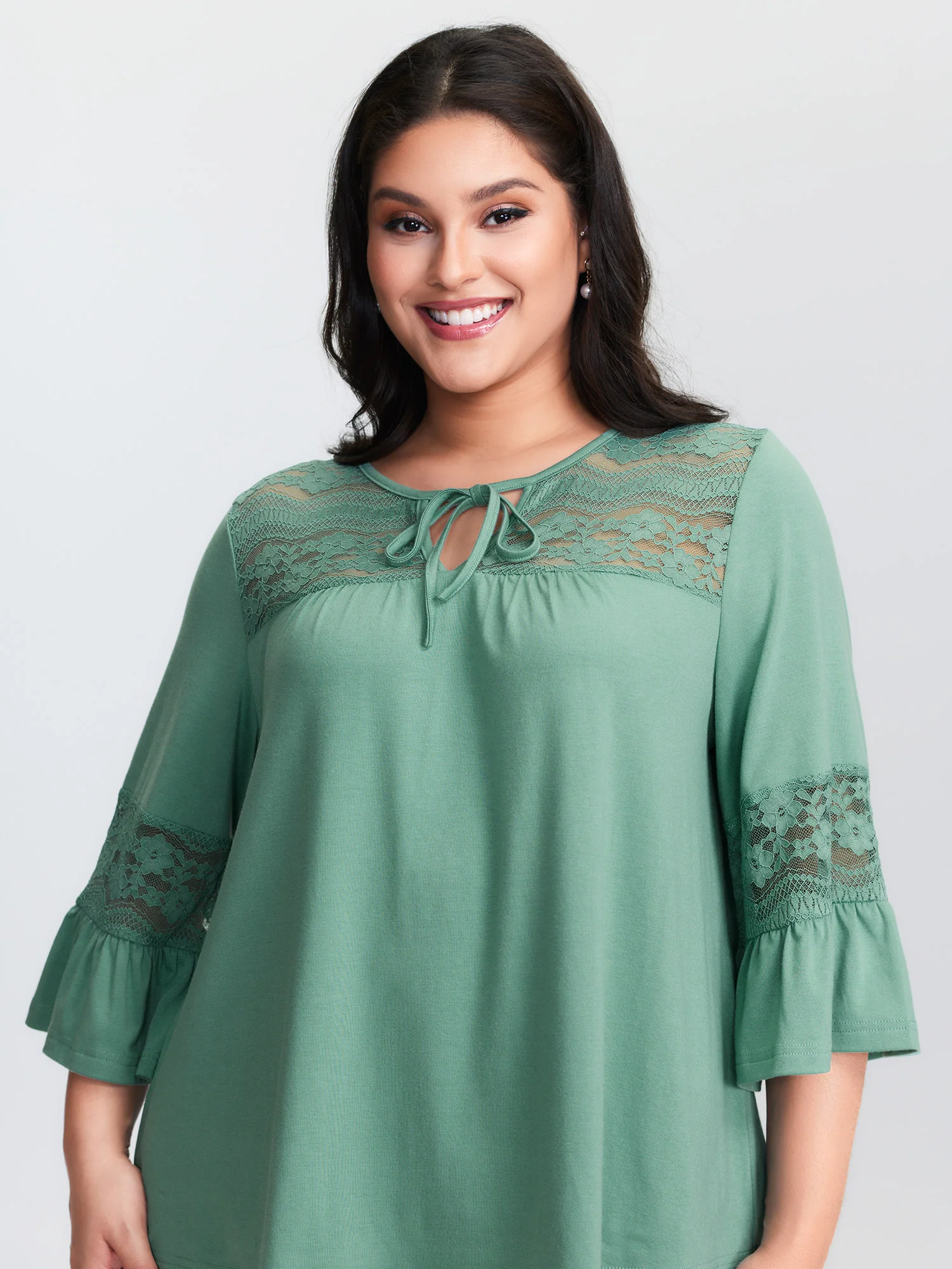 Lace Trim Flared Sleeve Plain Top - Image 2