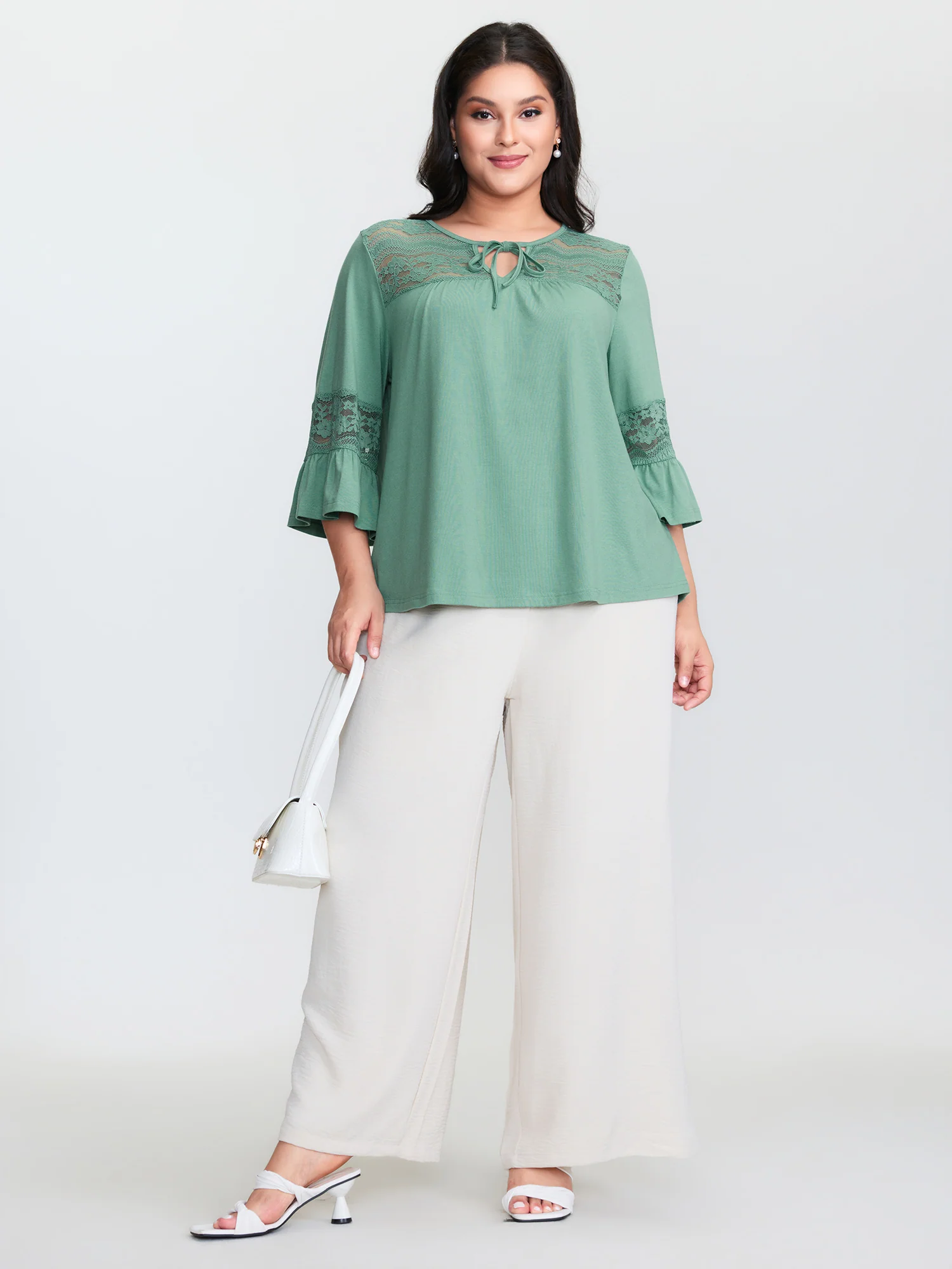 Lace Trim Flared Sleeve Plain Top - Image 3