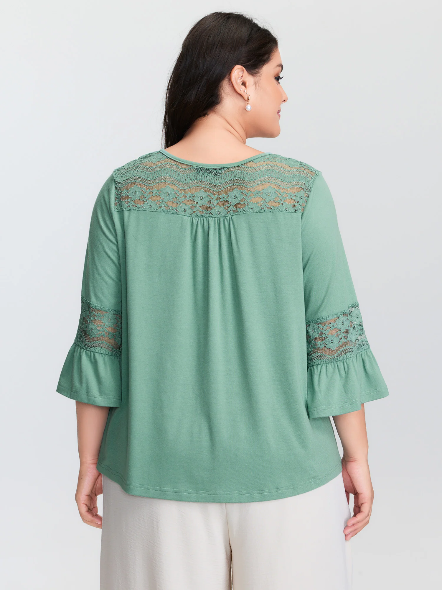 Lace Trim Flared Sleeve Plain Top - Image 4