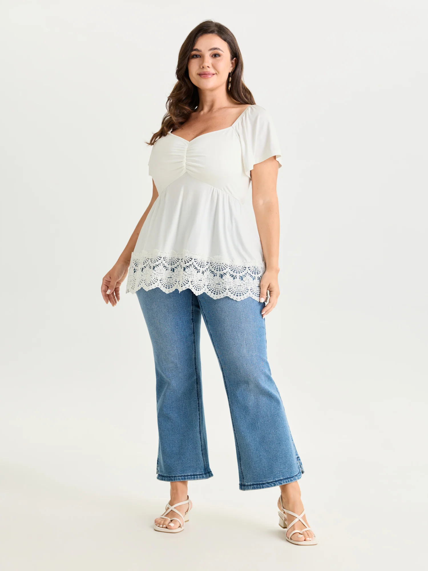 Lace Trim Flared Sleeve Ruched-Front Knit Top - Image 10