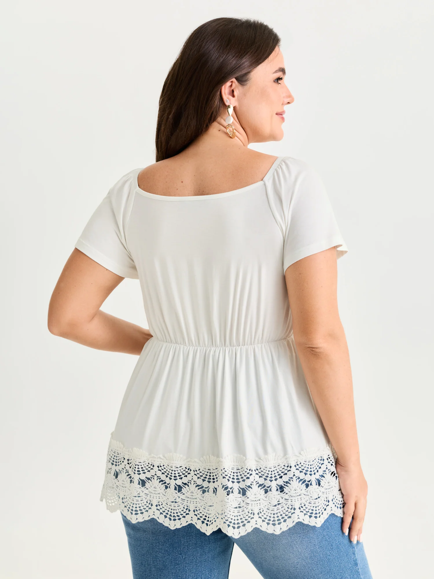 Lace Trim Flared Sleeve Ruched-Front Knit Top - Image 11