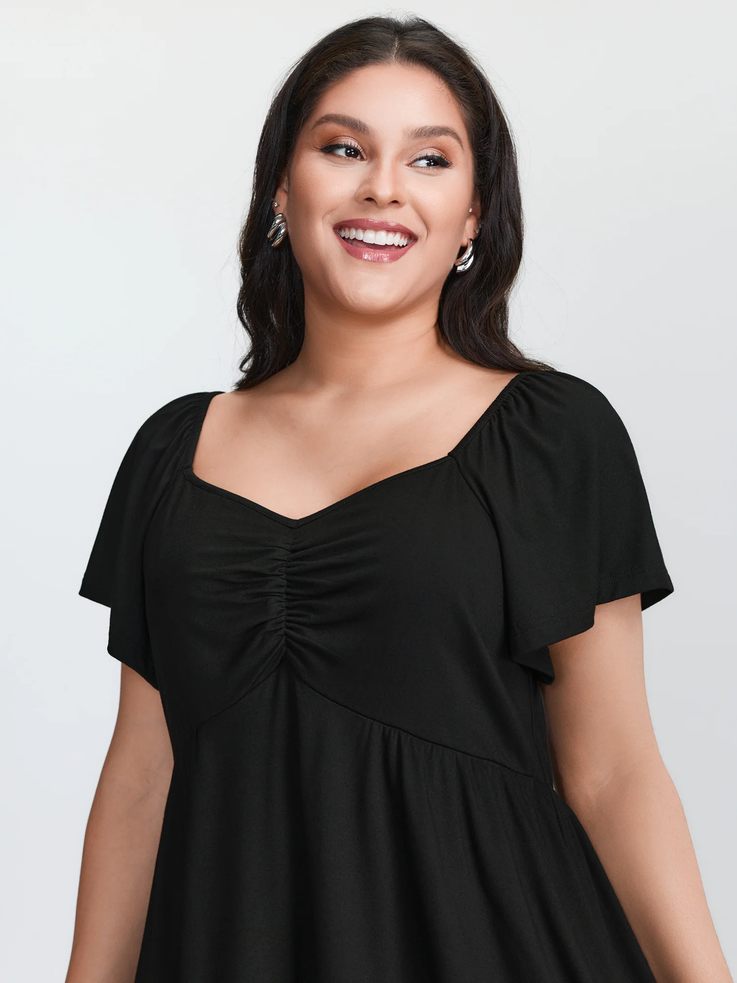 Lace Trim Flared Sleeve Ruched-Front Knit Top - Image 2