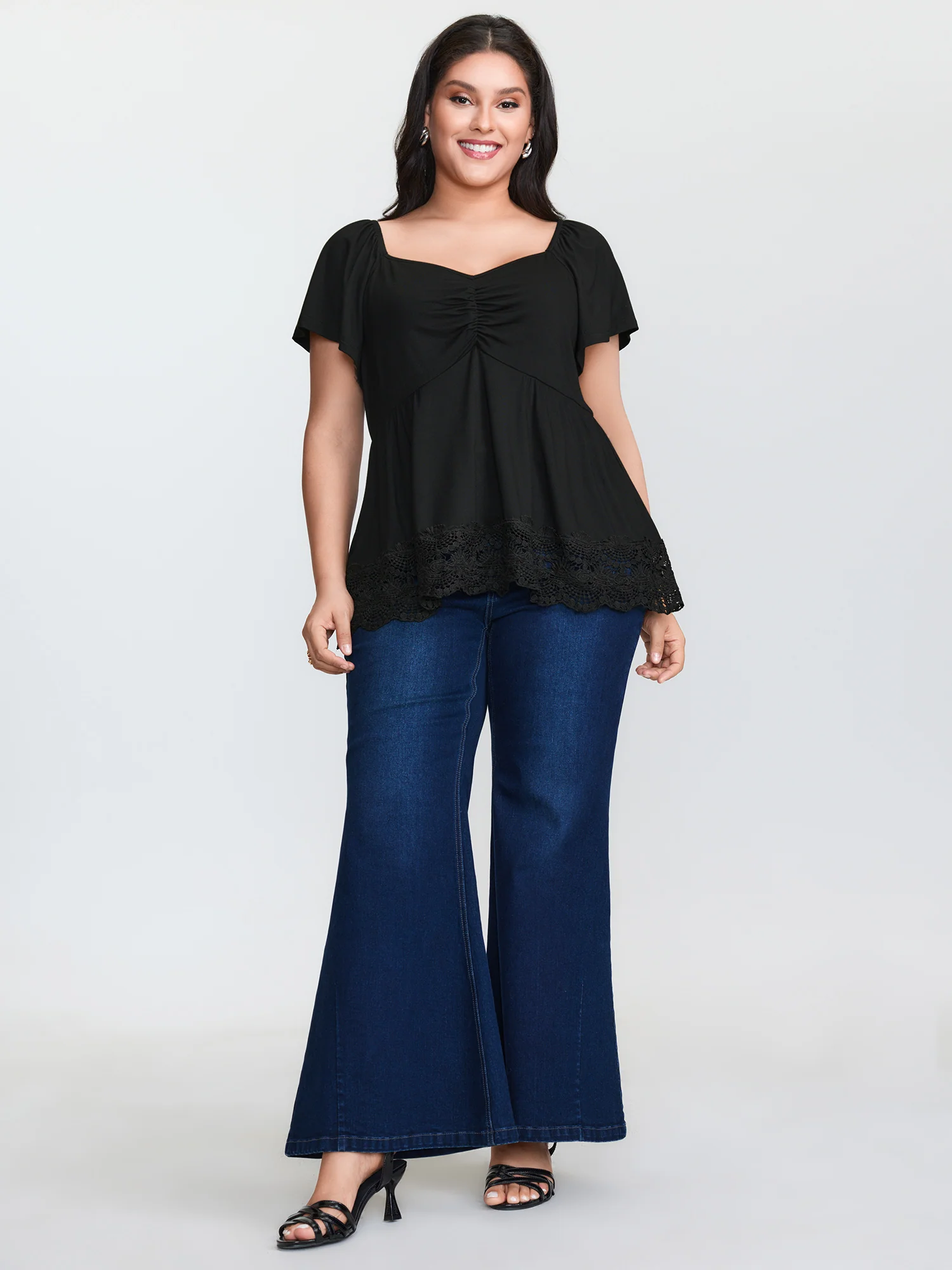 Lace Trim Flared Sleeve Ruched-Front Knit Top - Image 3