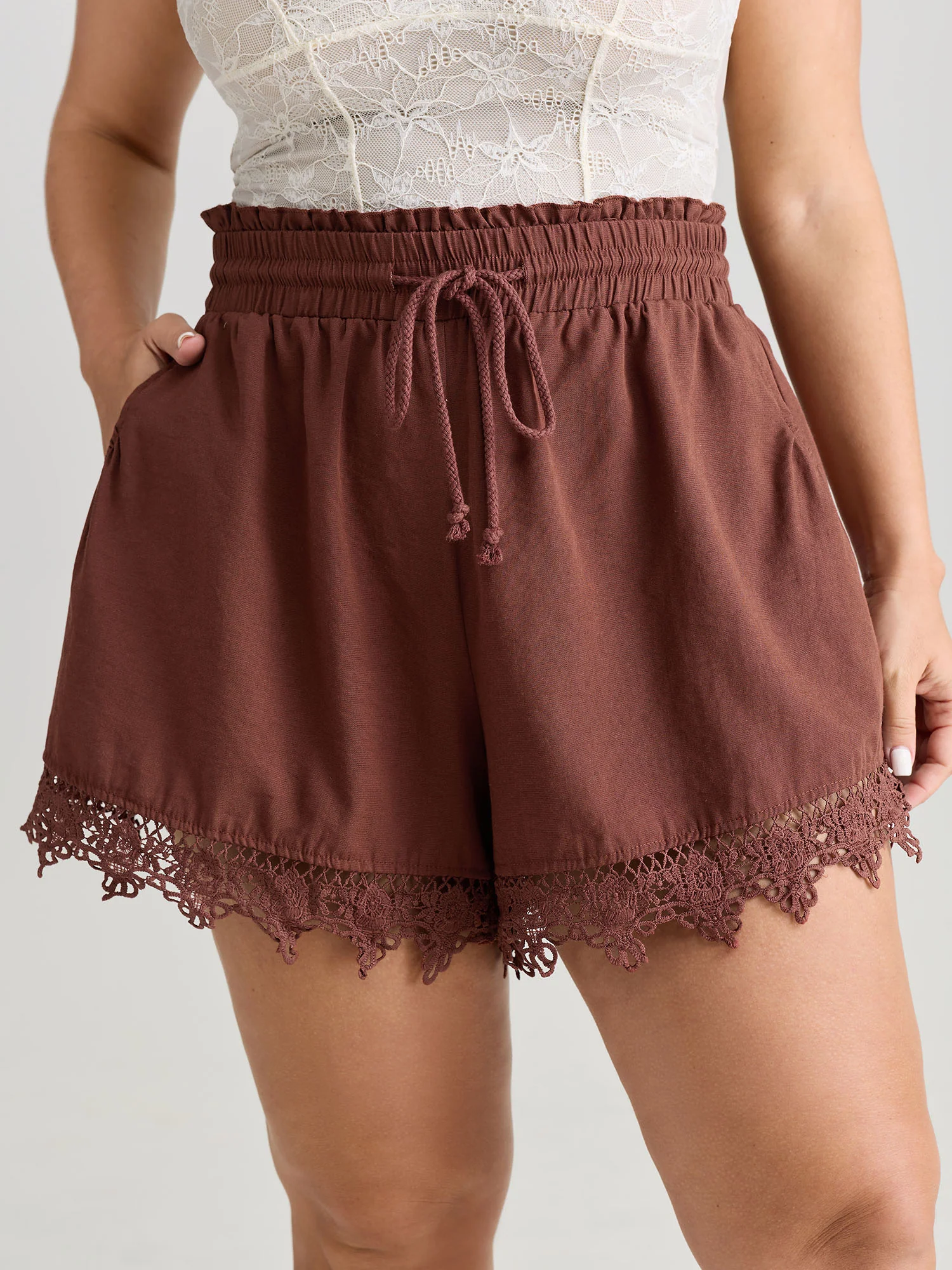 Cotton Lace Hem Drawstring Shorts - Image 2