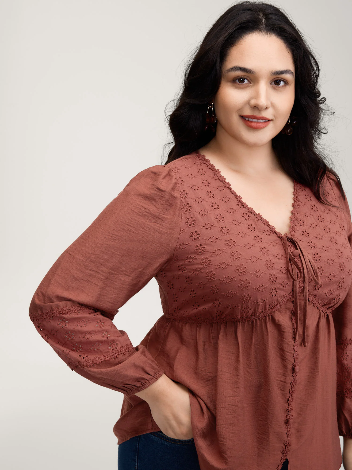 Lace Trim High-Waist Neck Tie Blouse - Image 2