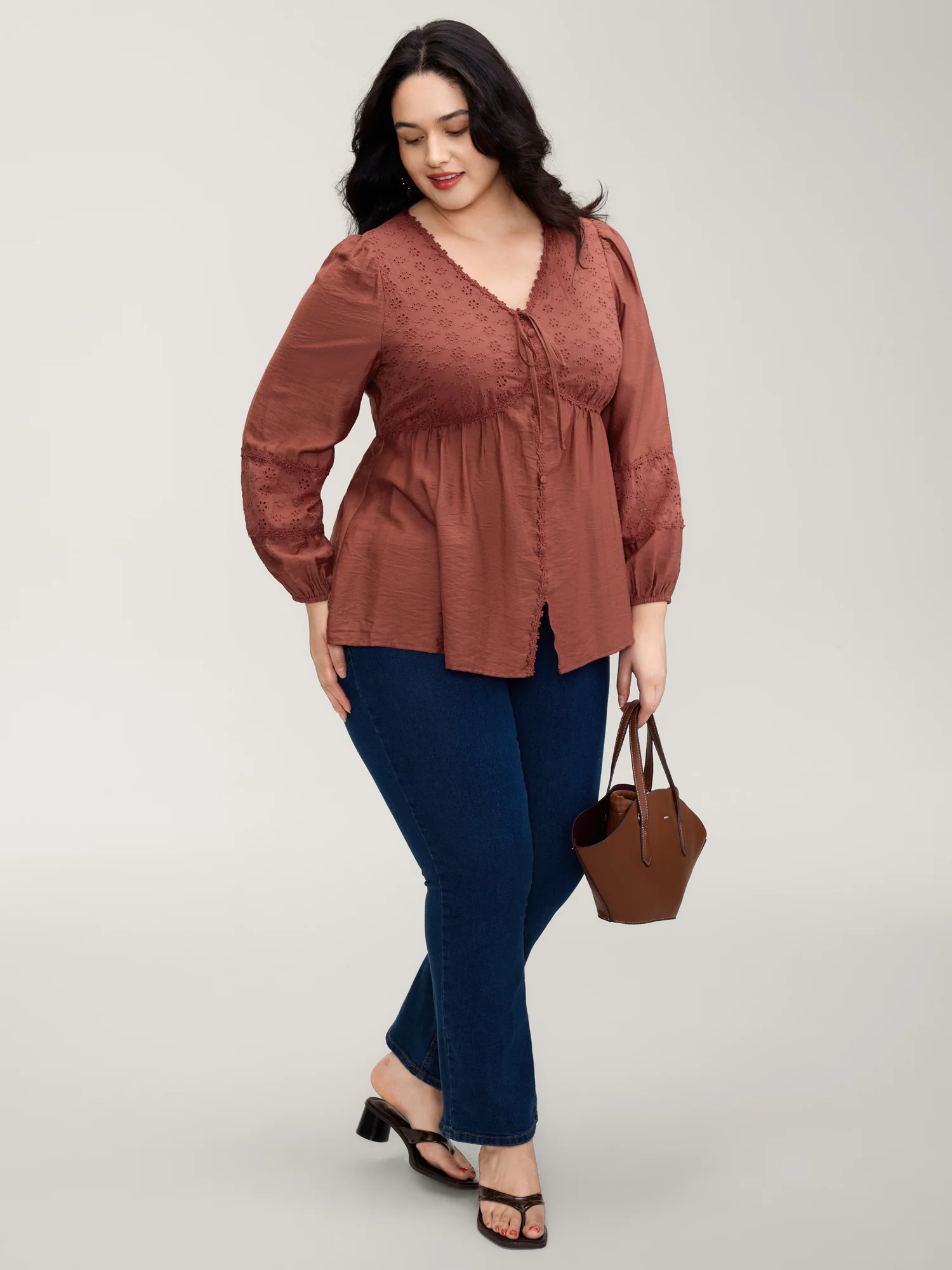 Lace Trim High-Waist Neck Tie Blouse - Image 3