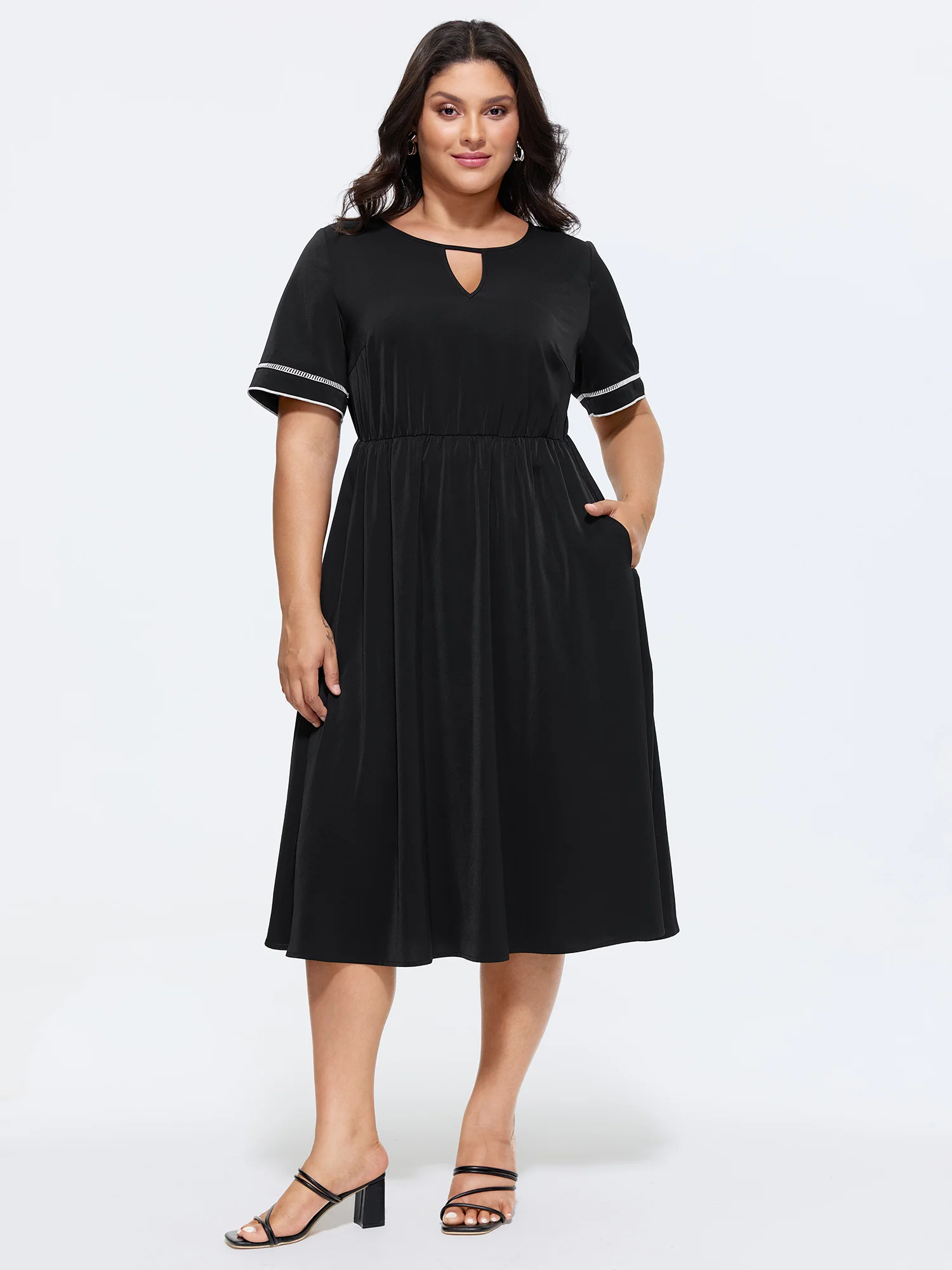 Lace Trim Keyhole Neckline Solid Midi Dress - Image 3