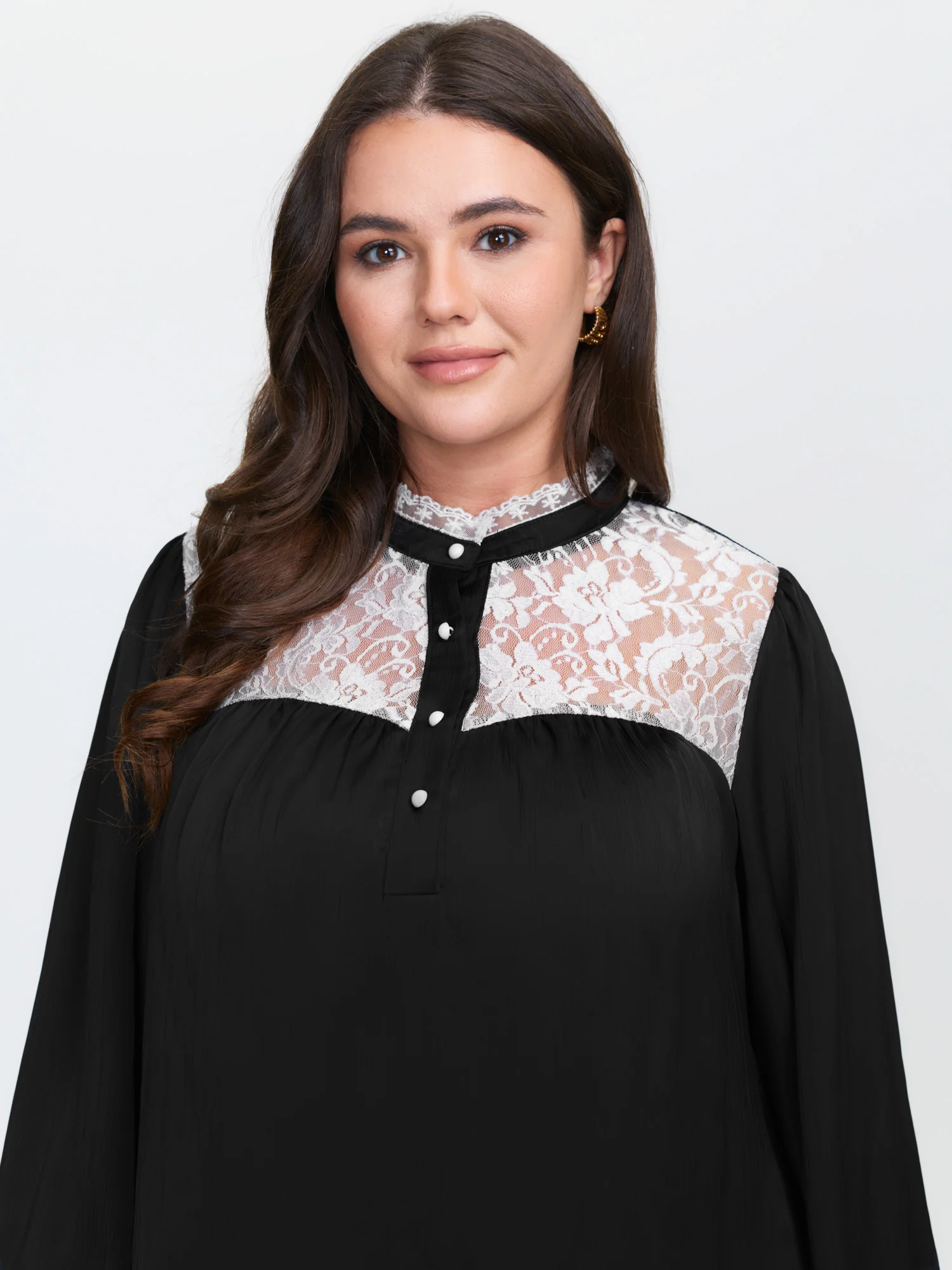 Lace Trim Mock Neck Button Blouse - Image 2