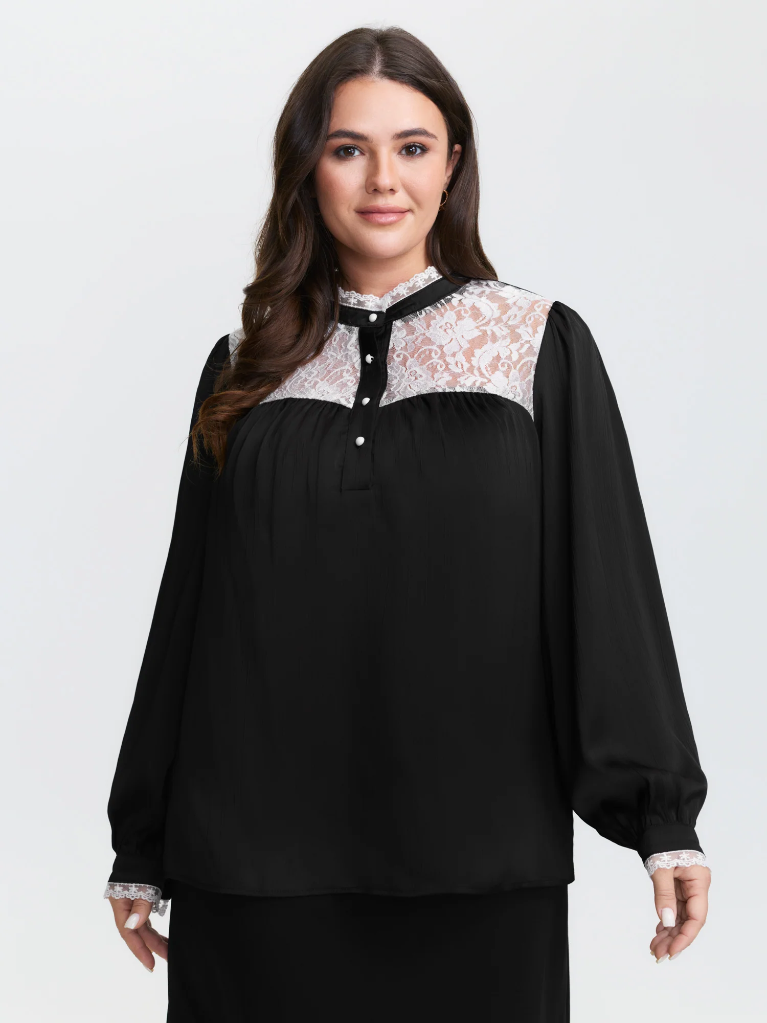 Lace Trim Mock Neck Button Blouse - Image 4