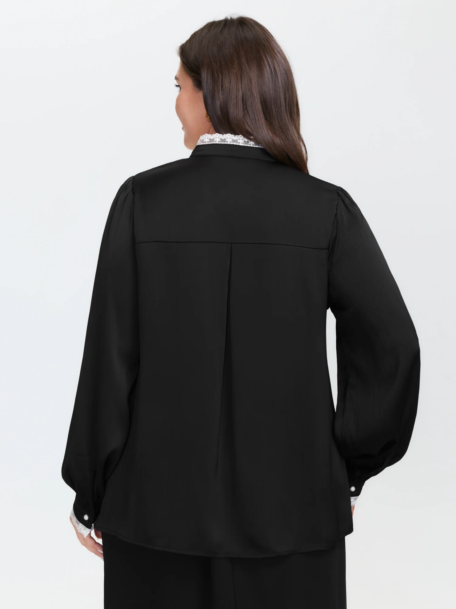 Lace Trim Mock Neck Button Blouse - Image 5