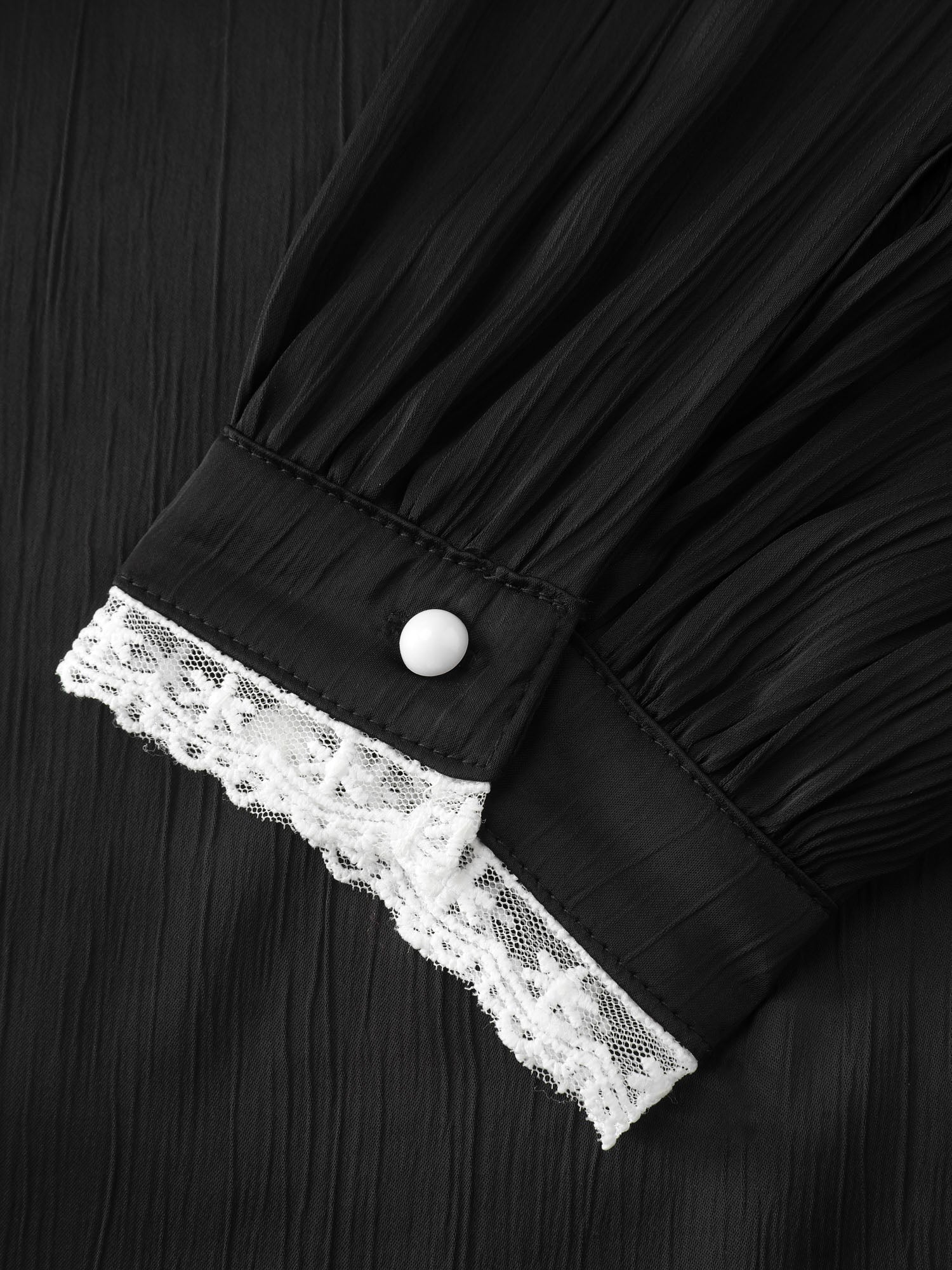 Lace Trim Mock Neck Button Blouse - Image 6