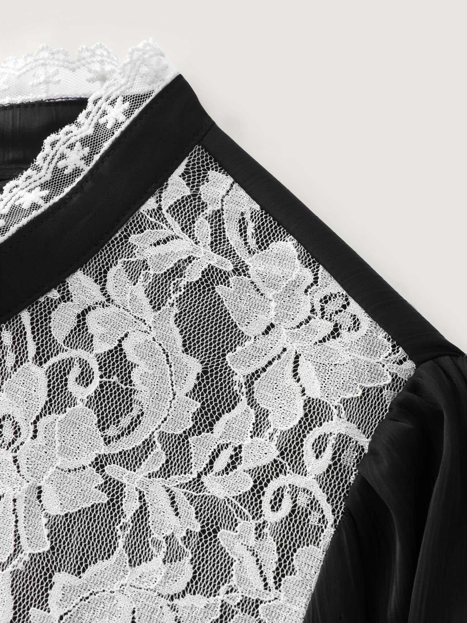 Lace Trim Mock Neck Button Blouse - Image 7