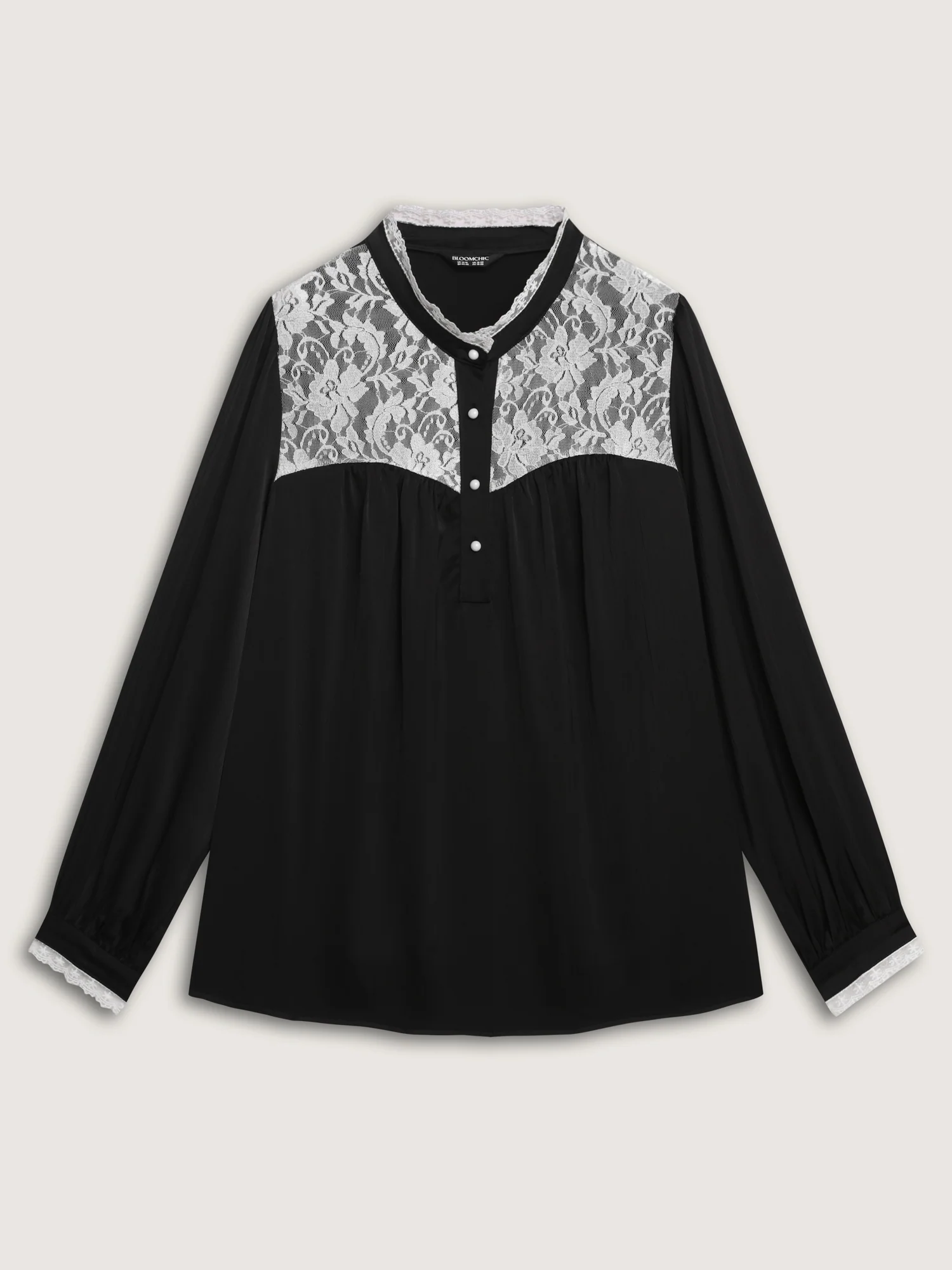 Lace Trim Mock Neck Button Blouse - Image 8