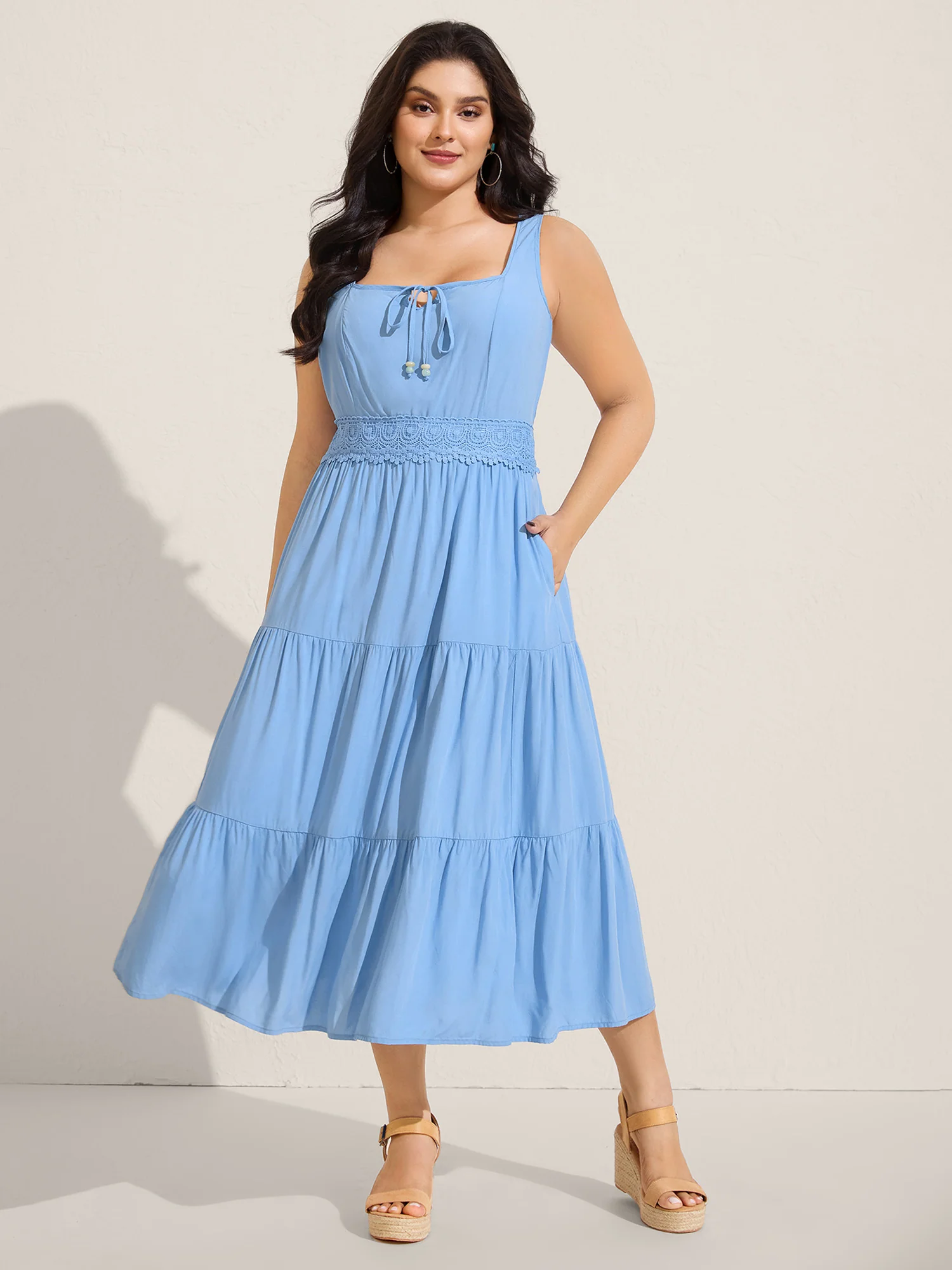 Lace Trim Neck Tie Solid Midi Dress - Image 3