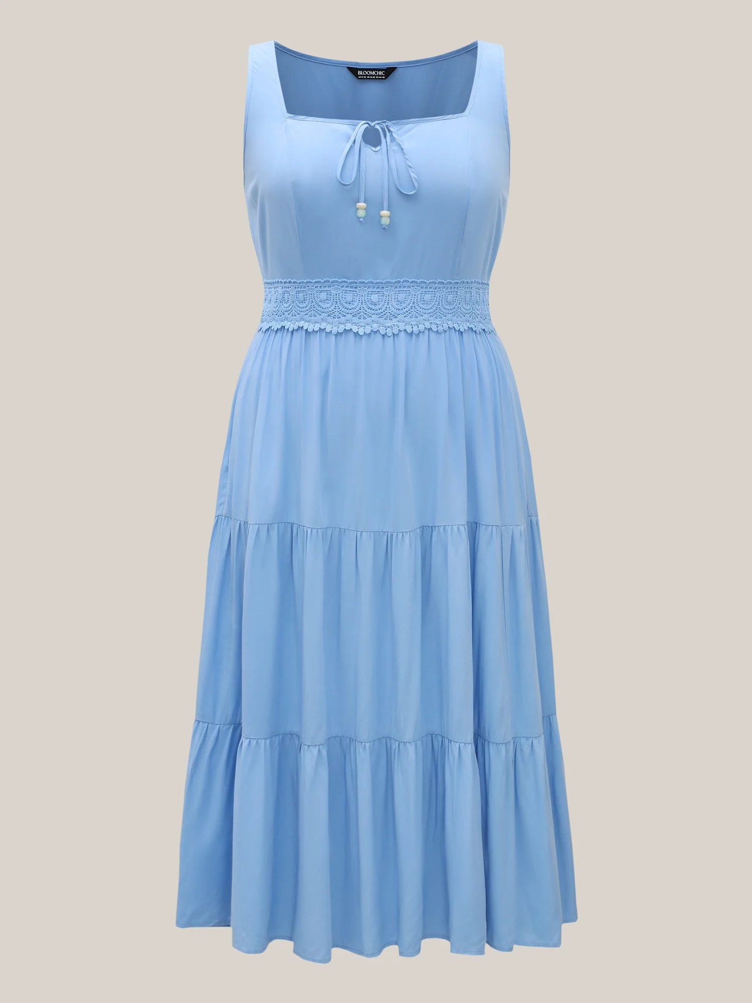 Lace Trim Neck Tie Solid Midi Dress - Image 5