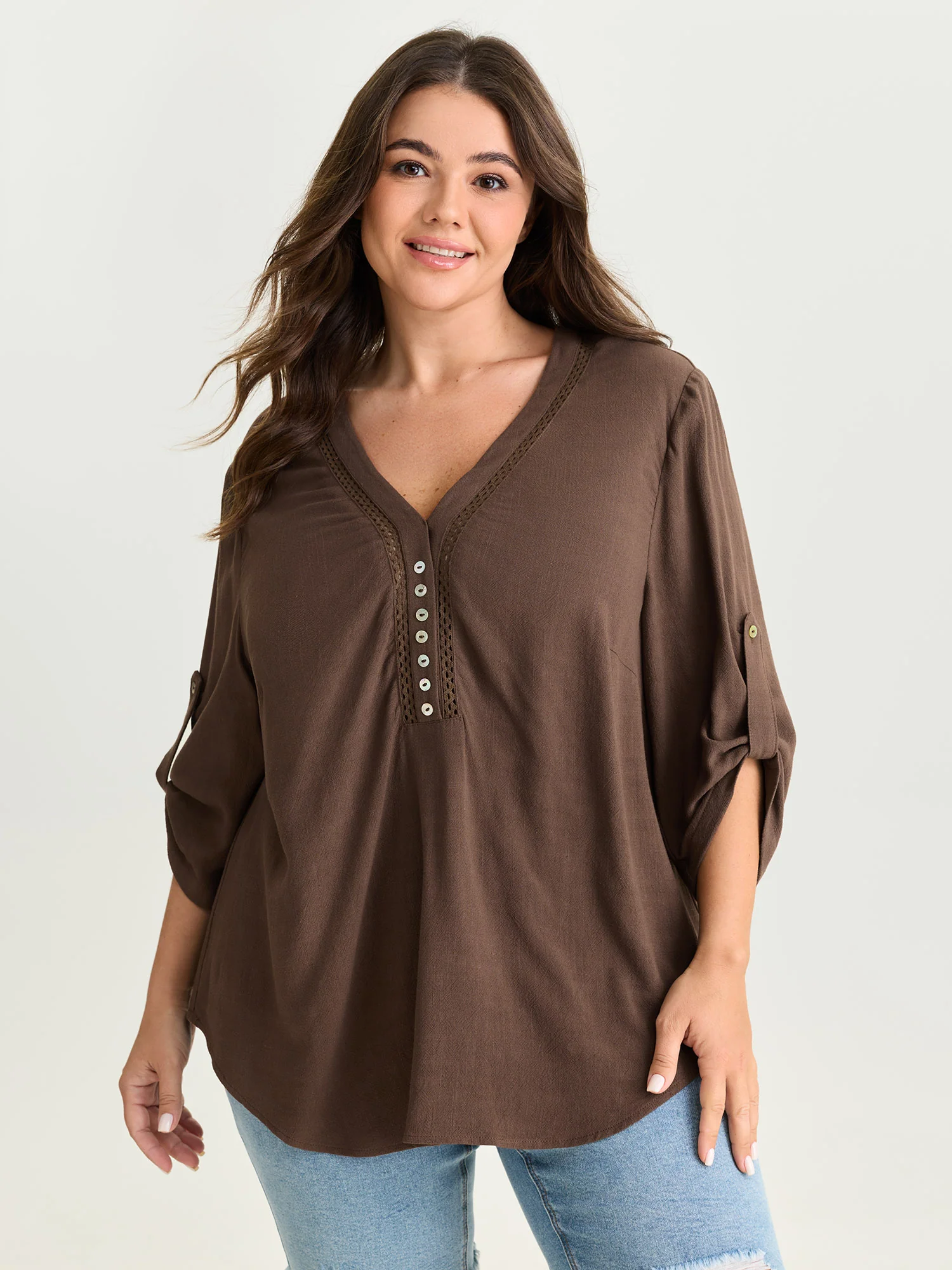 Lace Trim Neckline Tab Sleeve Blouse - Image 2