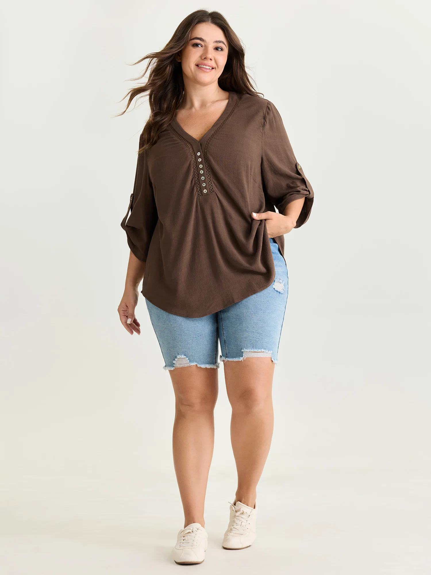 Lace Trim Neckline Tab Sleeve Blouse - Image 3