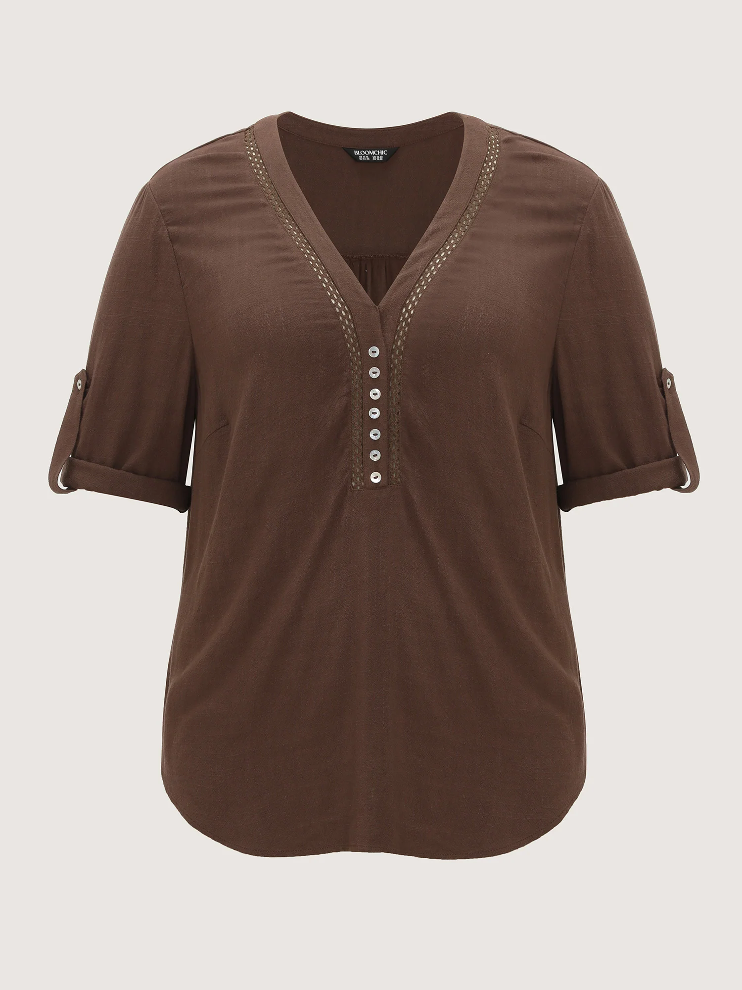 Lace Trim Neckline Tab Sleeve Blouse - Image 7