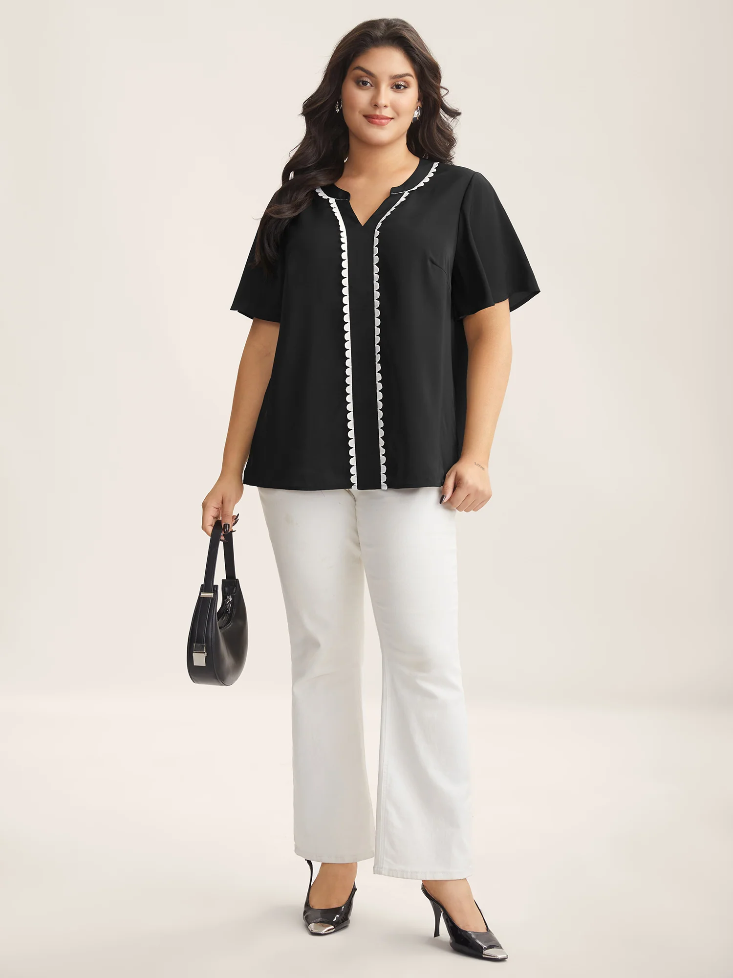 Lace Trim Notched Collar Solid Blouse - Image 3