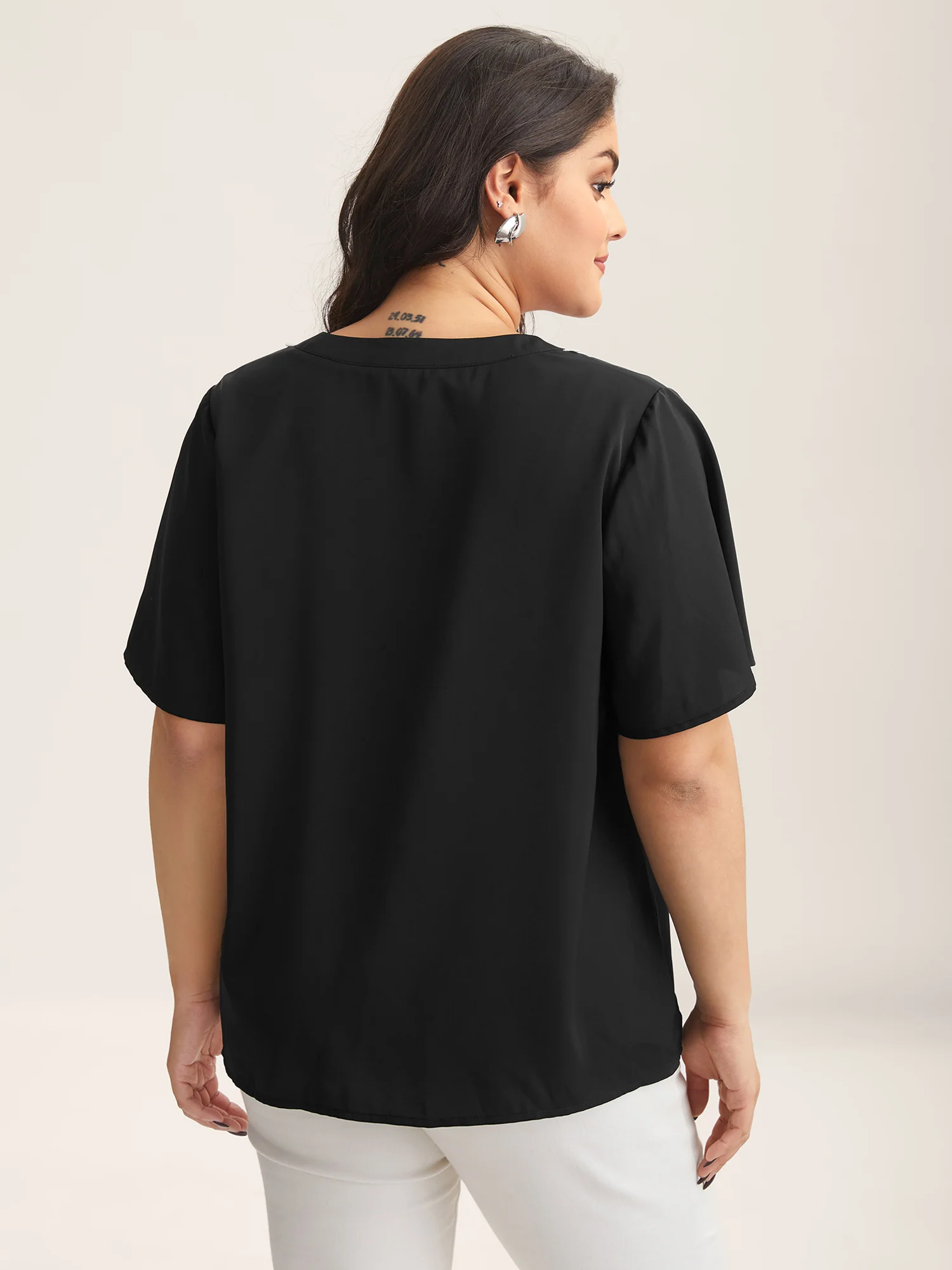 Lace Trim Notched Collar Solid Blouse - Image 4