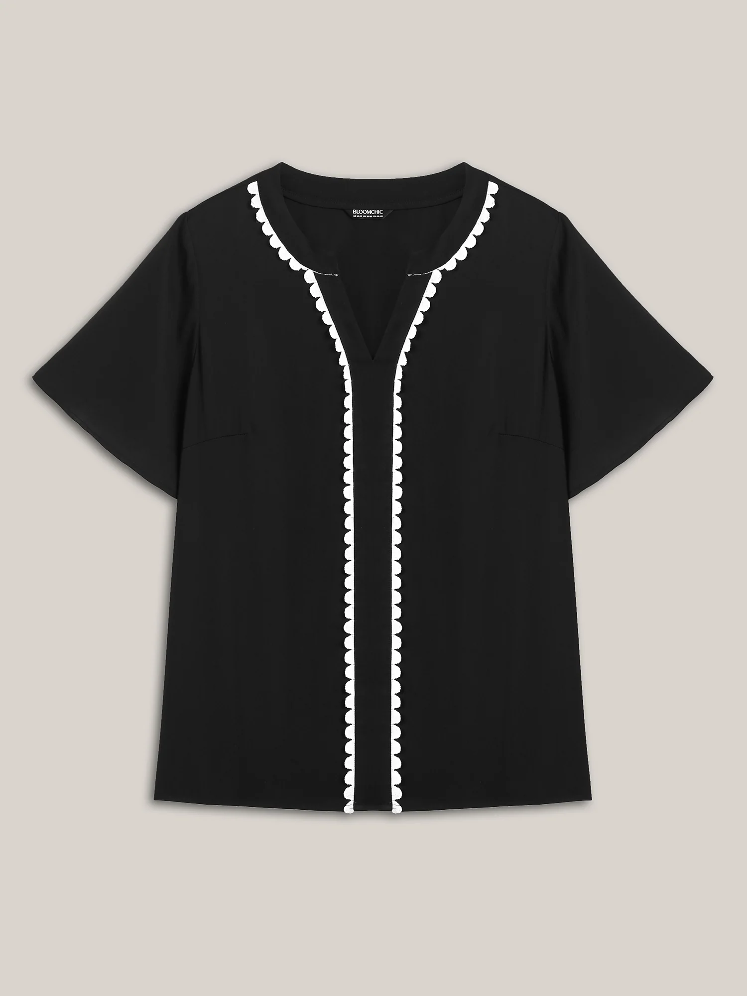 Lace Trim Notched Collar Solid Blouse - Image 5