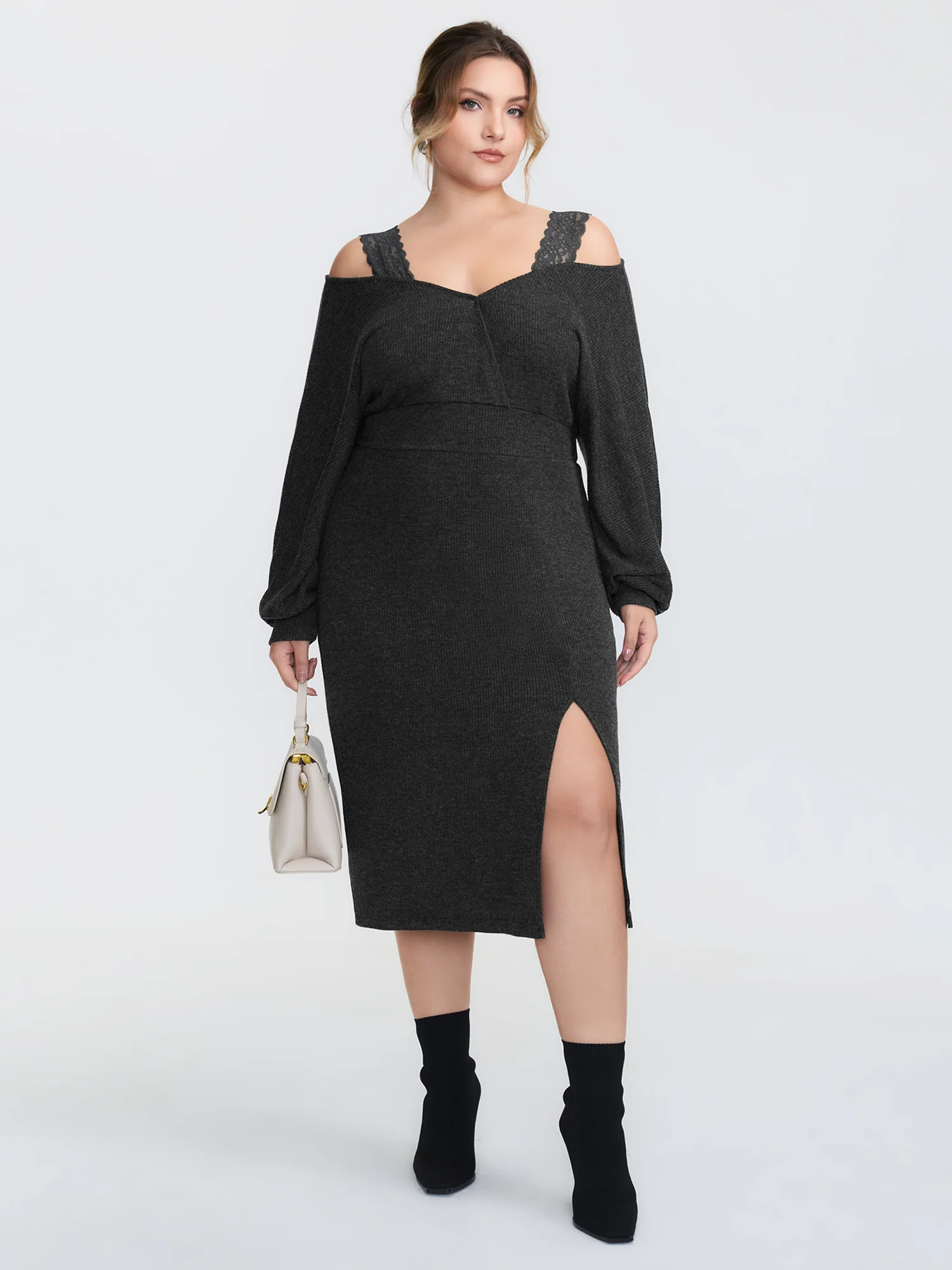 Lace Trim Off-Shoulder Split Hem Midi Dress - Image 3