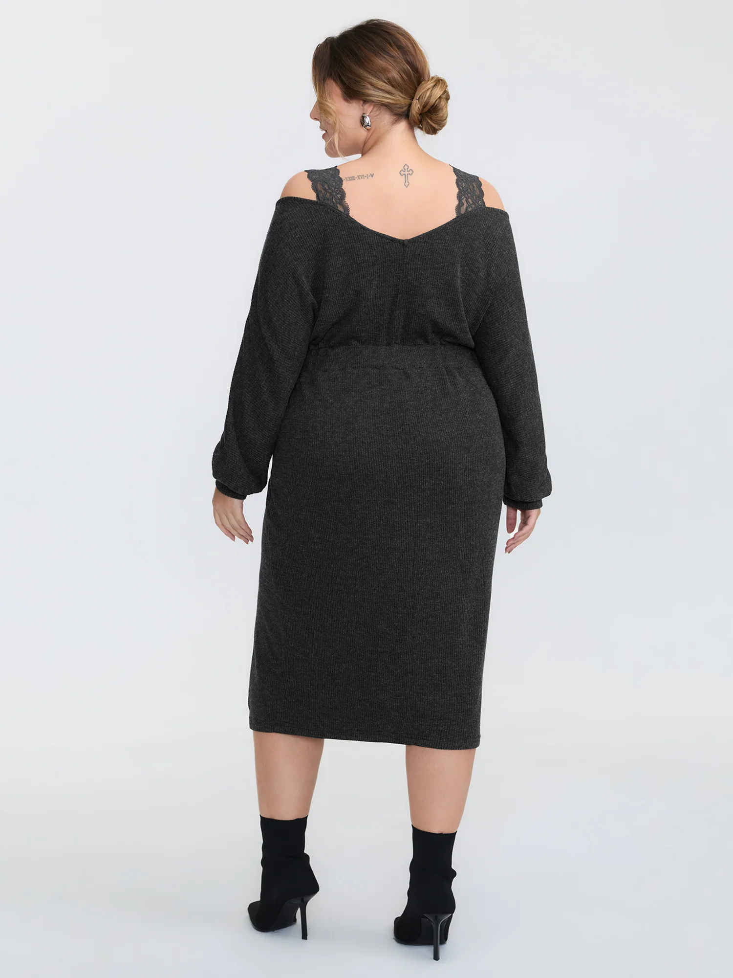 Lace Trim Off-Shoulder Split Hem Midi Dress - Image 4