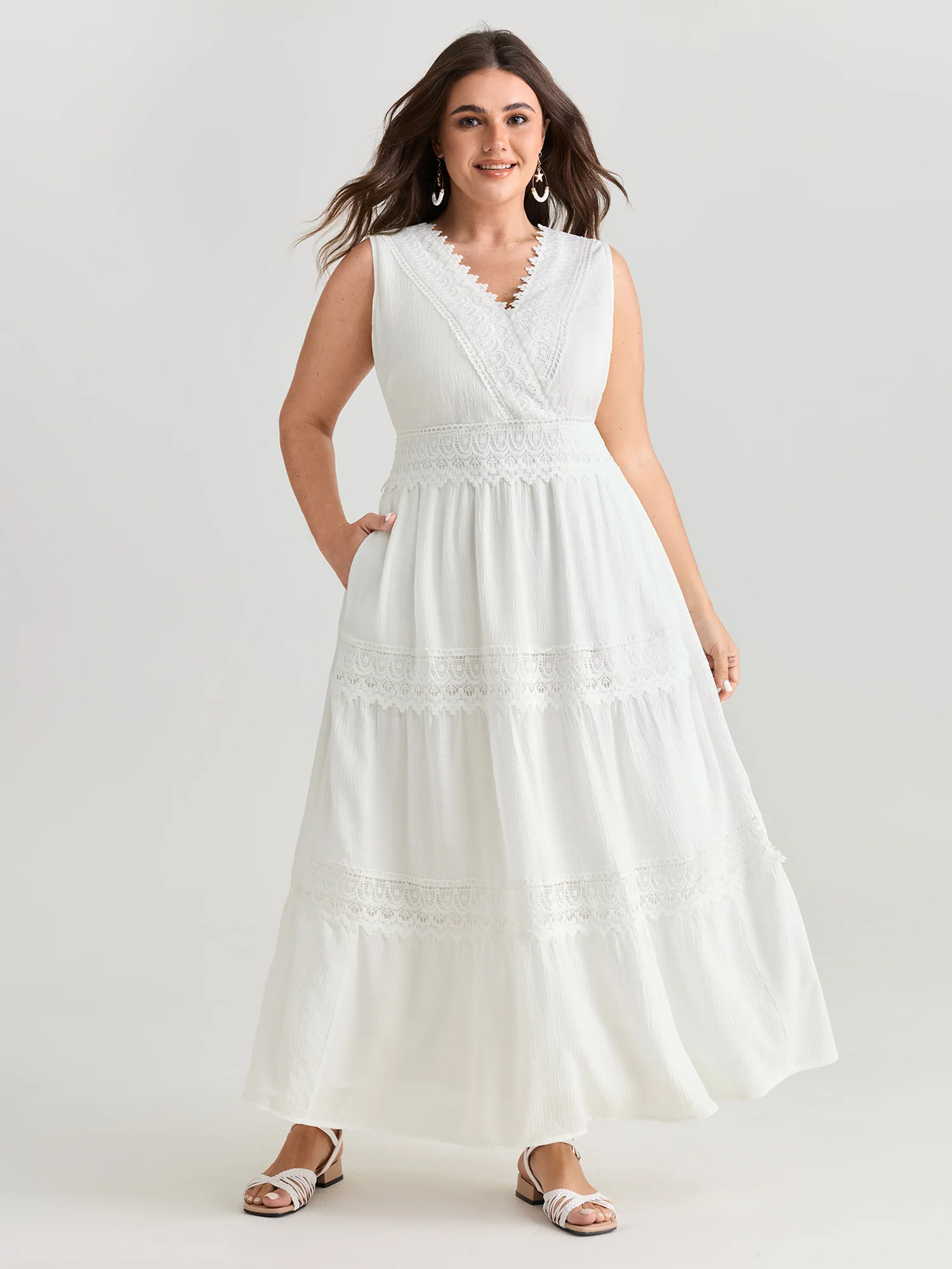 Lace Trim Overlap Neckline Tiered Maxi Dress - Image 3