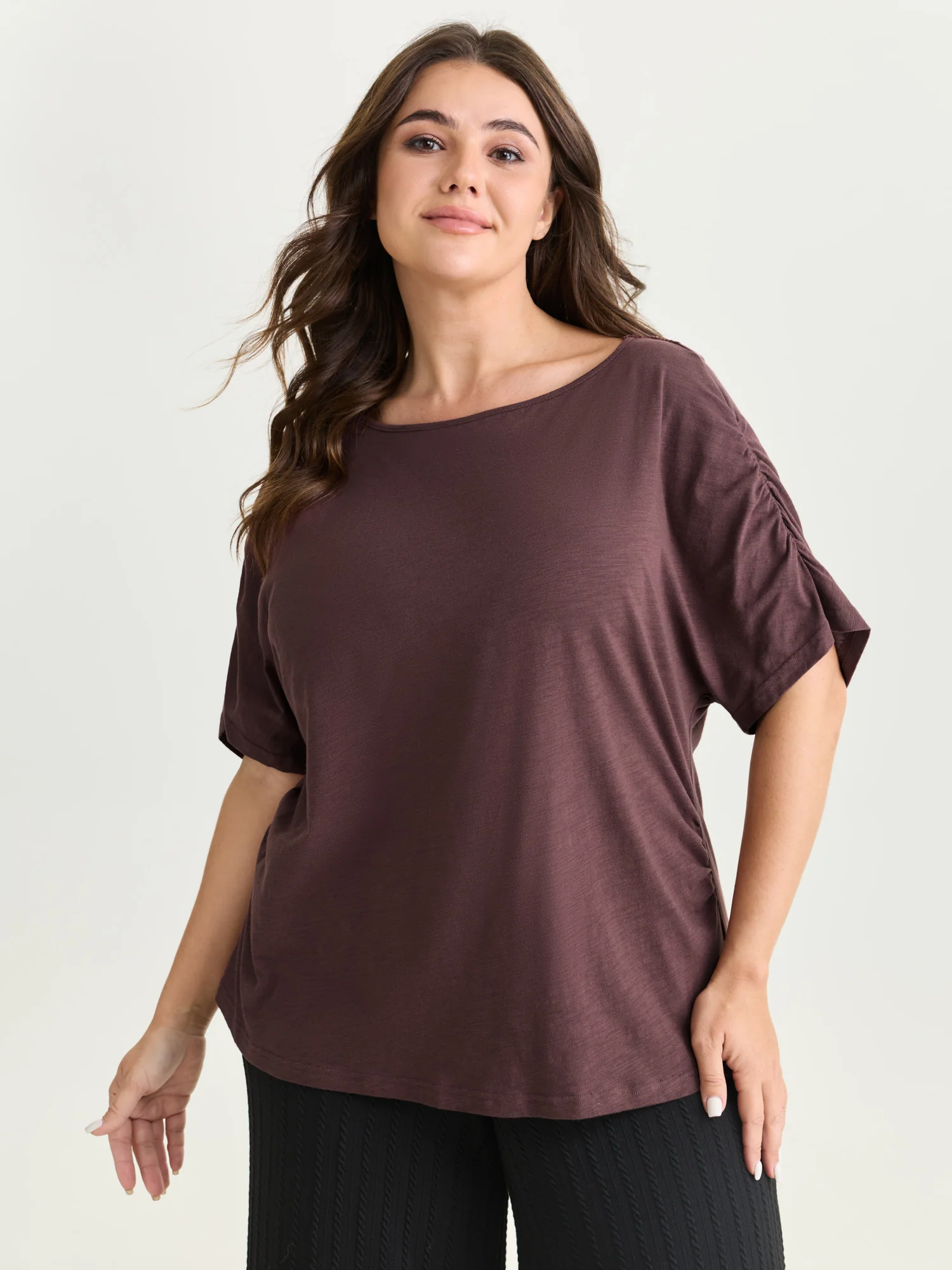 Lace Trim Plain Curvy Hem Knit Top - Image 3