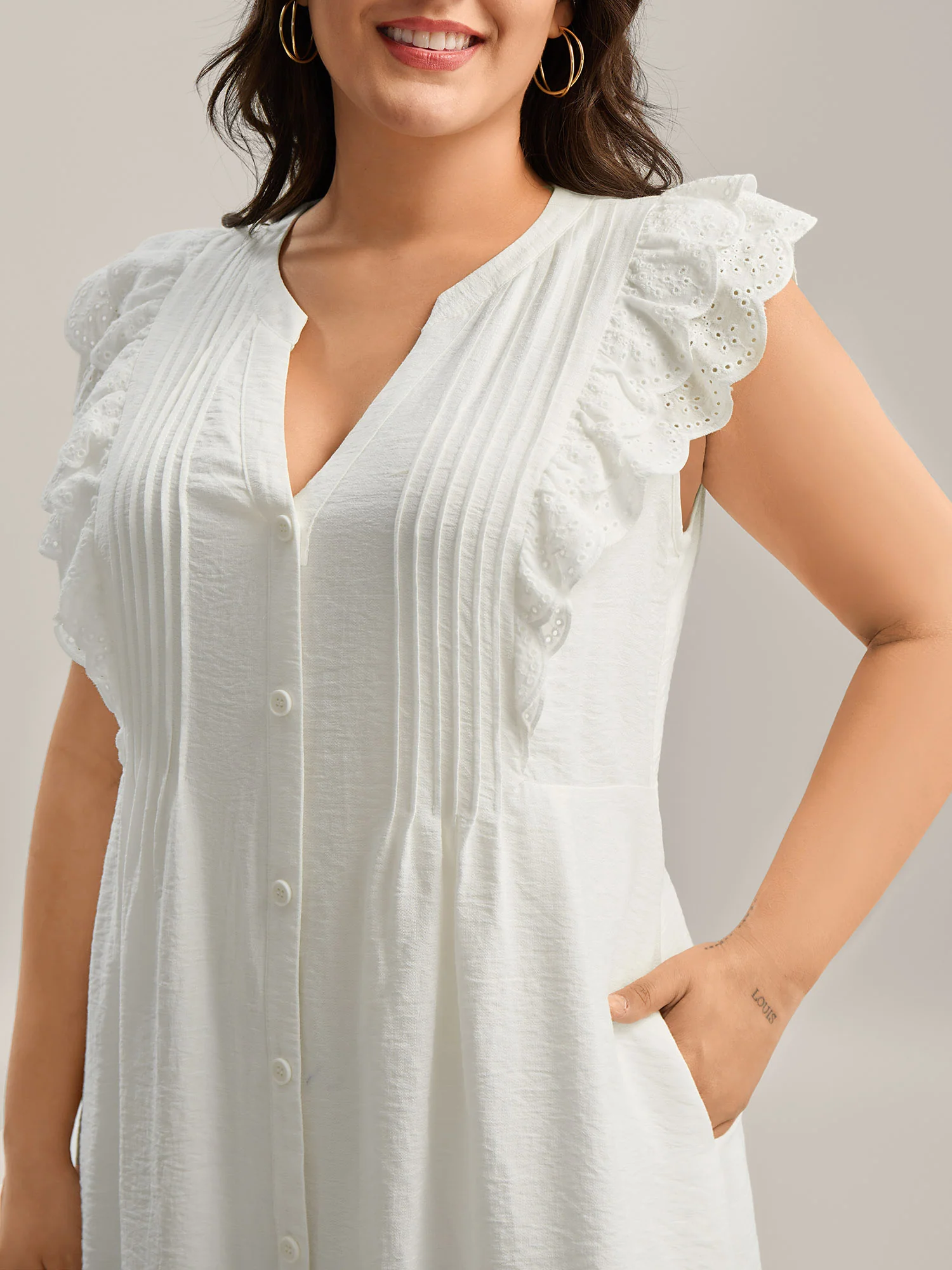 Lace Trim Pleated Button Shirt Dress - Image 2