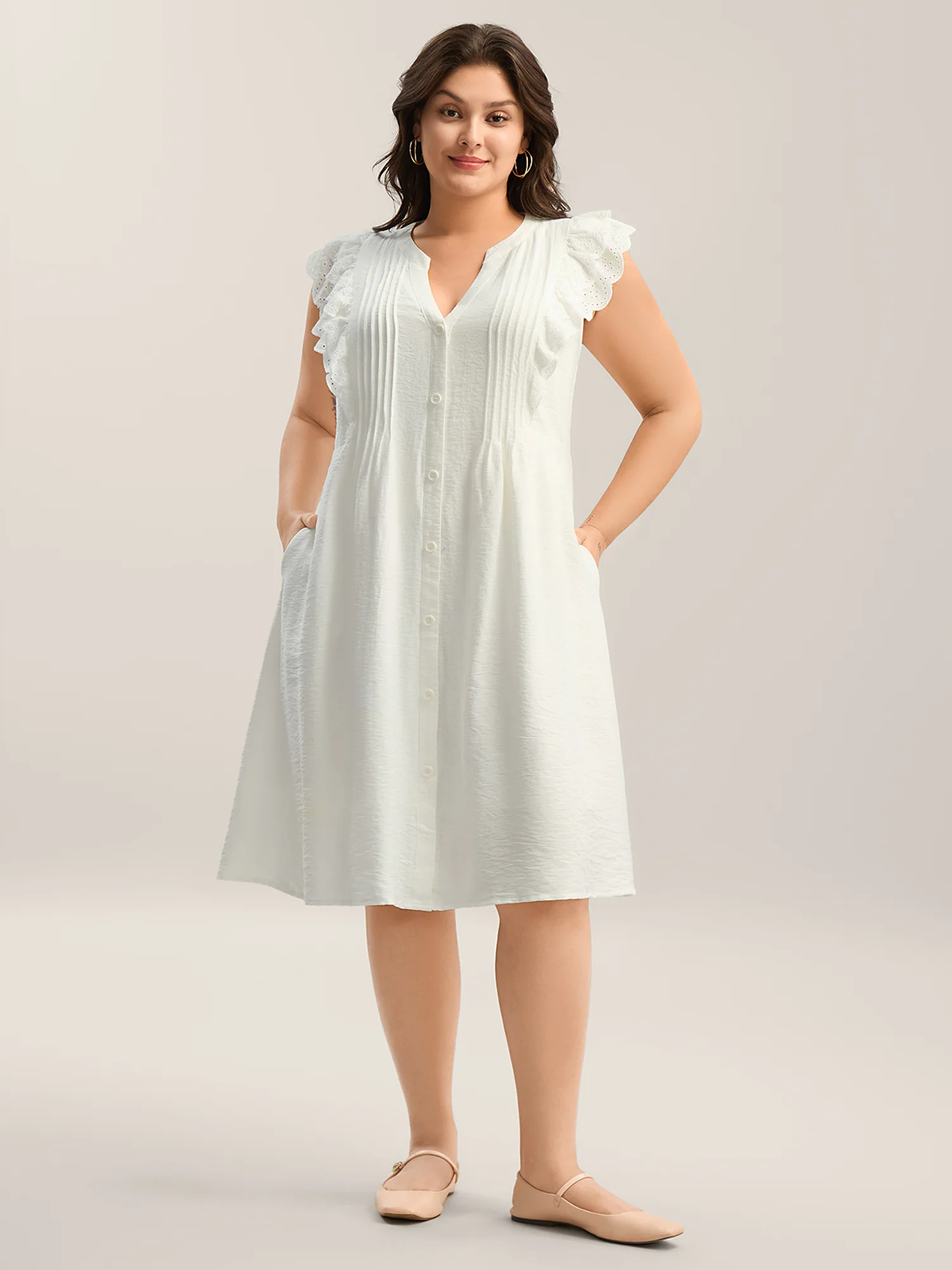 Lace Trim Pleated Button Shirt Dress - Image 3