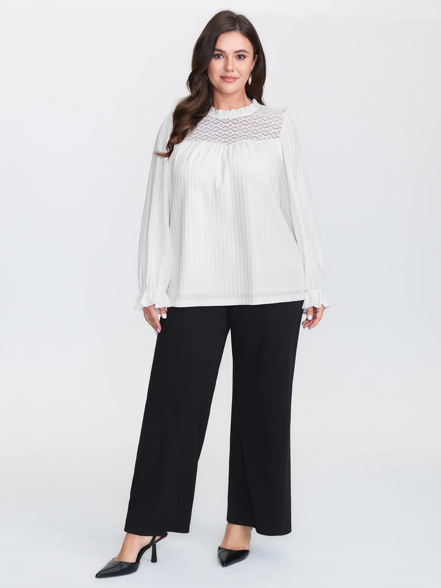 Lace Trim Pleated Flowy-Fit Blouse - Image 2