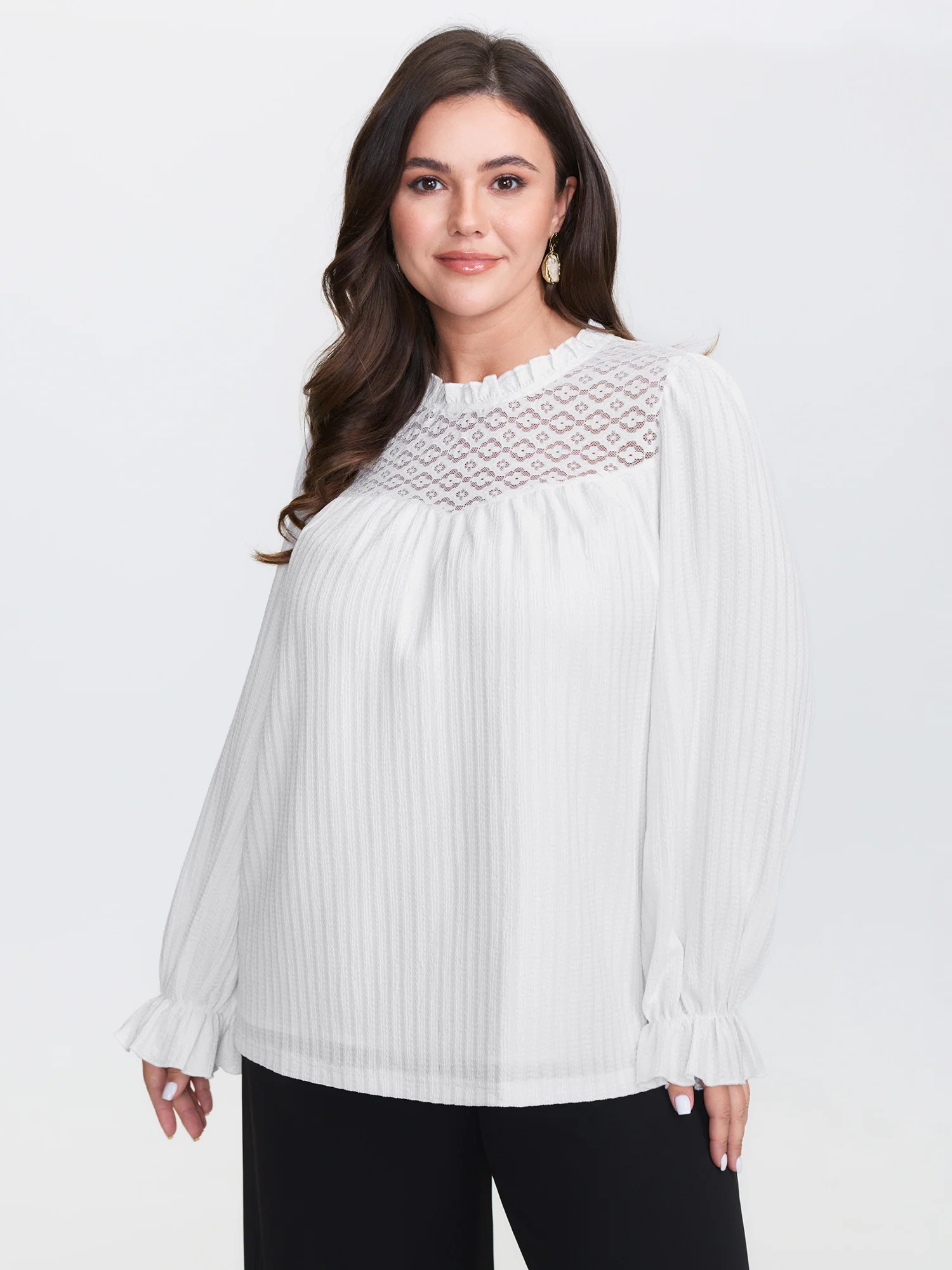 Lace Trim Pleated Flowy-Fit Blouse - Image 3