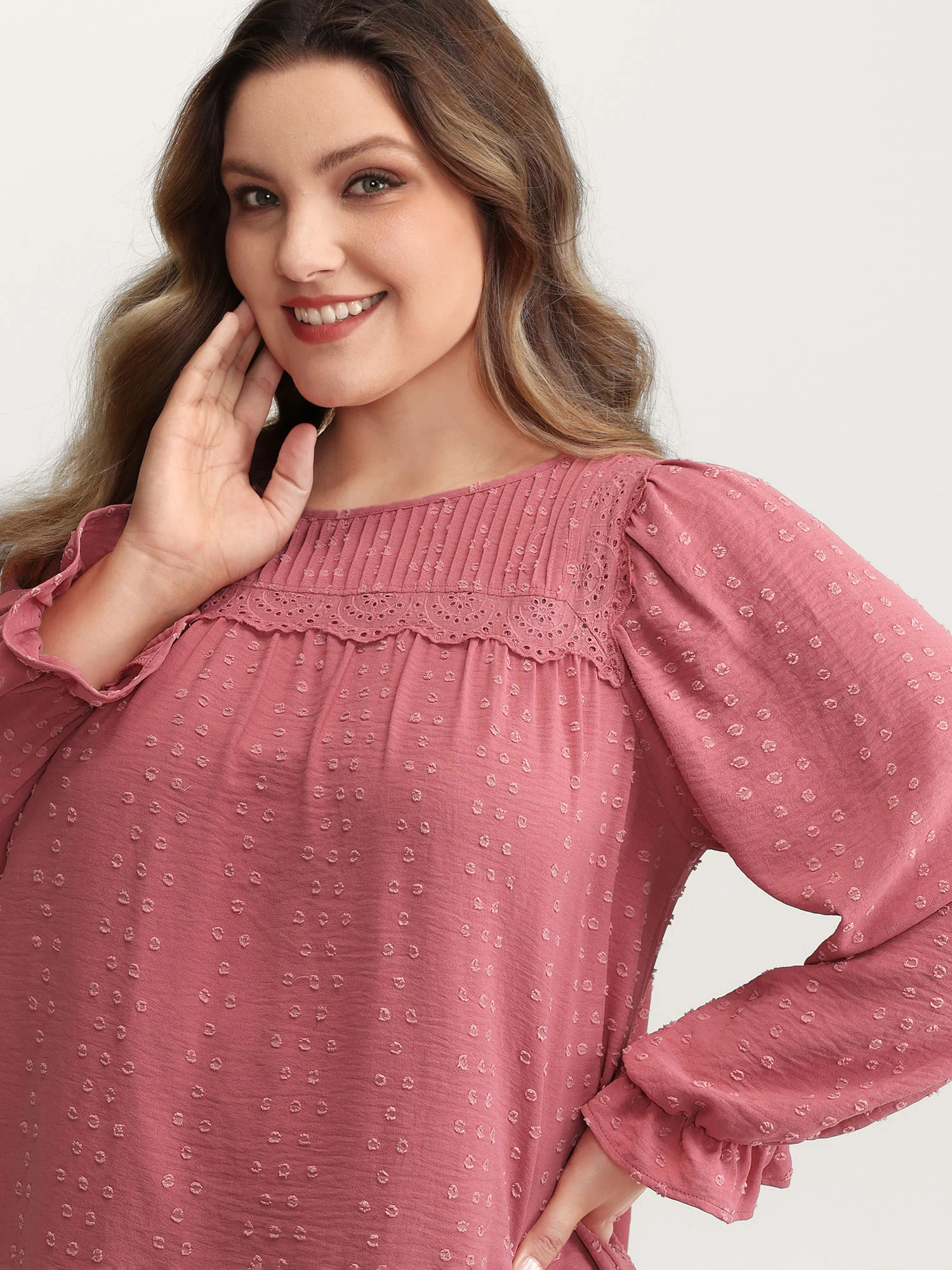 Lace Trim Pleated Textured Blouse