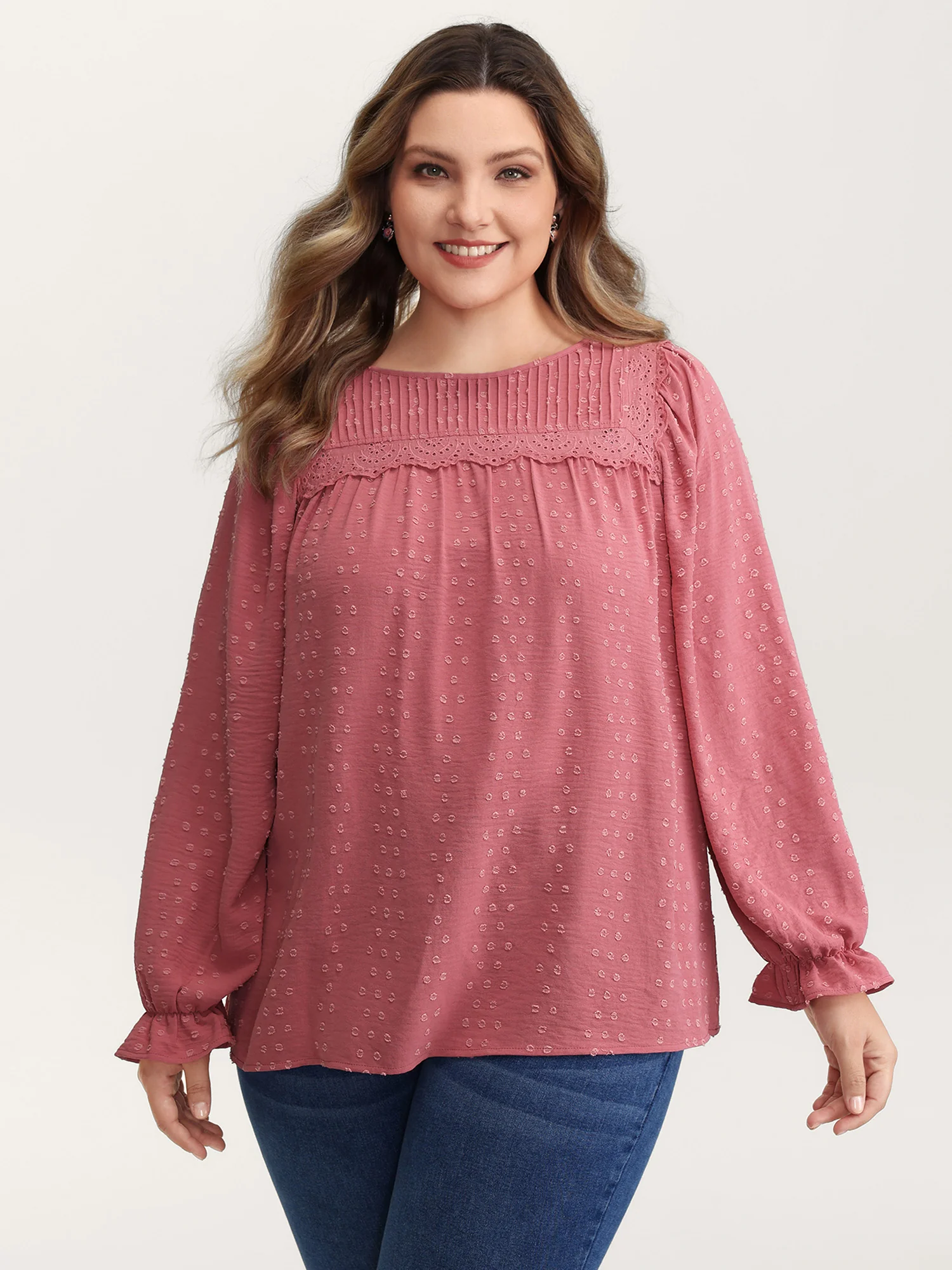 Lace Trim Pleated Textured Blouse - Image 2