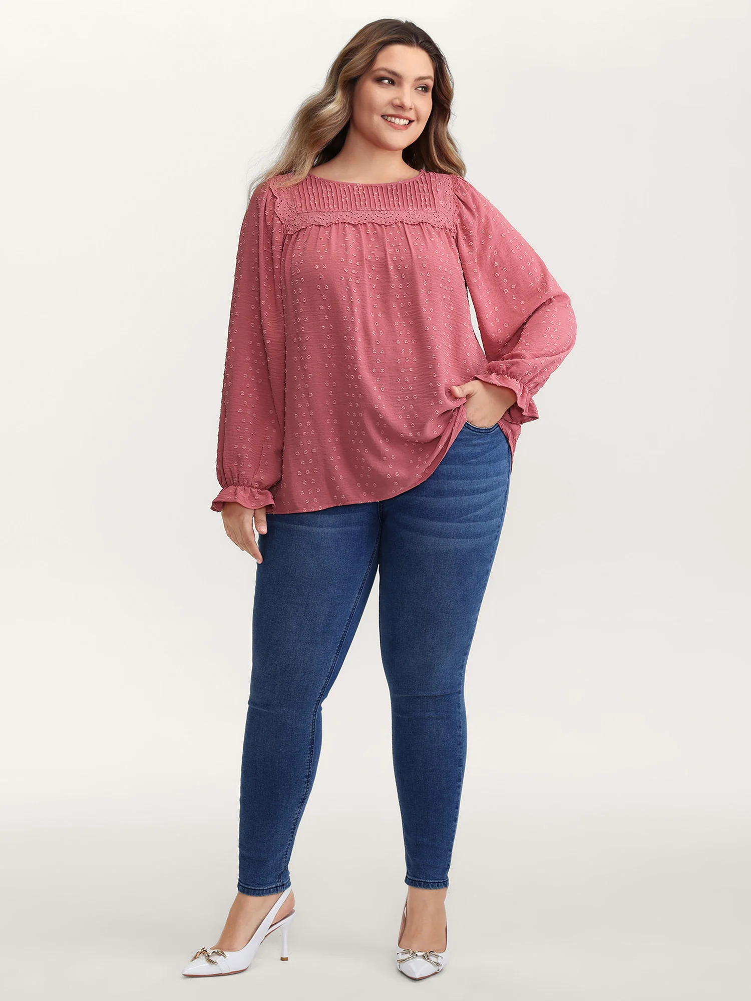 Lace Trim Pleated Textured Blouse - Image 3