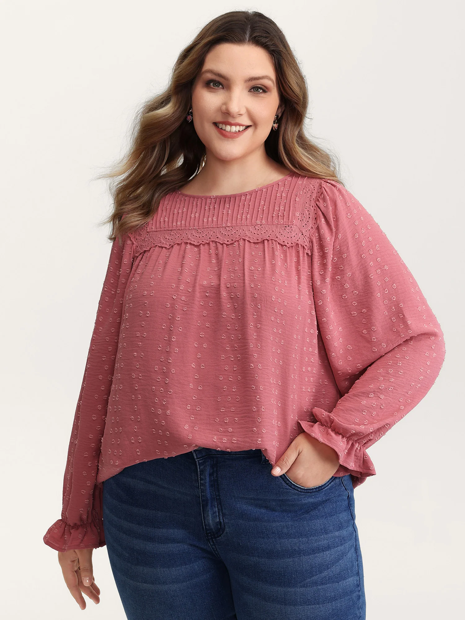 Lace Trim Pleated Textured Blouse - Image 4