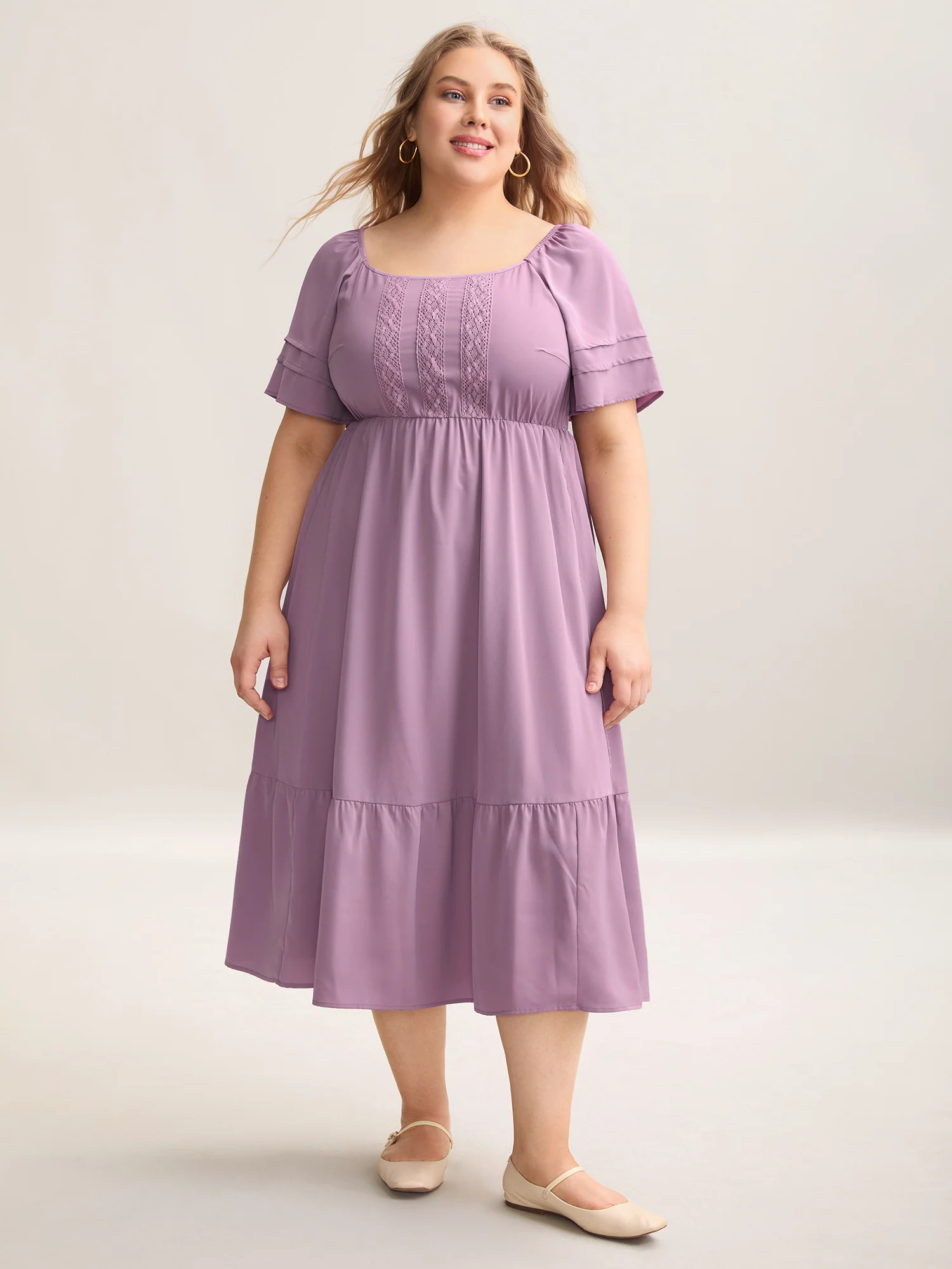 Lace Trim Pockets Stretchy Waist Tiered Dress - Image 3