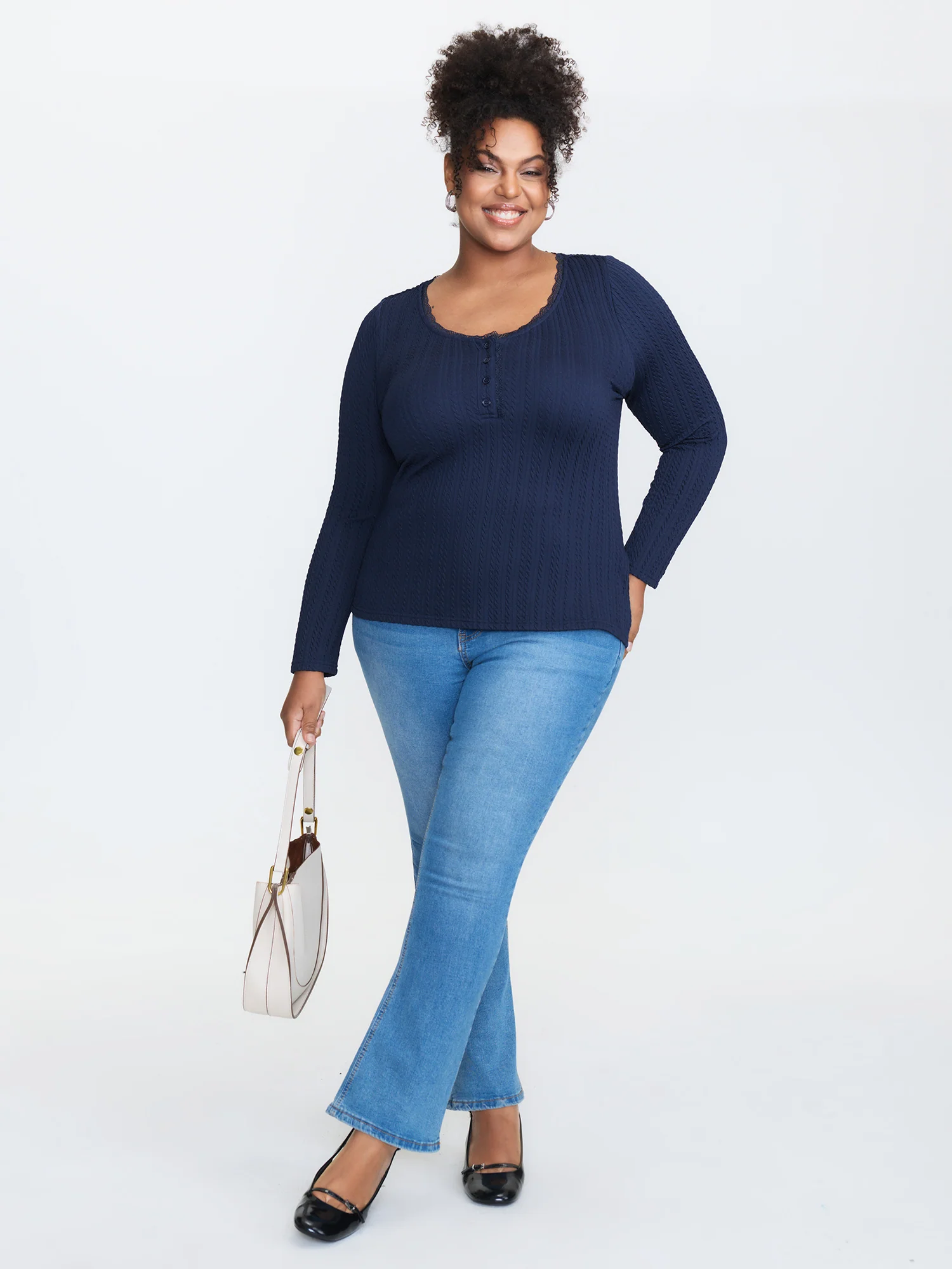 Lace Trim Ribbed V-Neck T-Shirt - Image 2