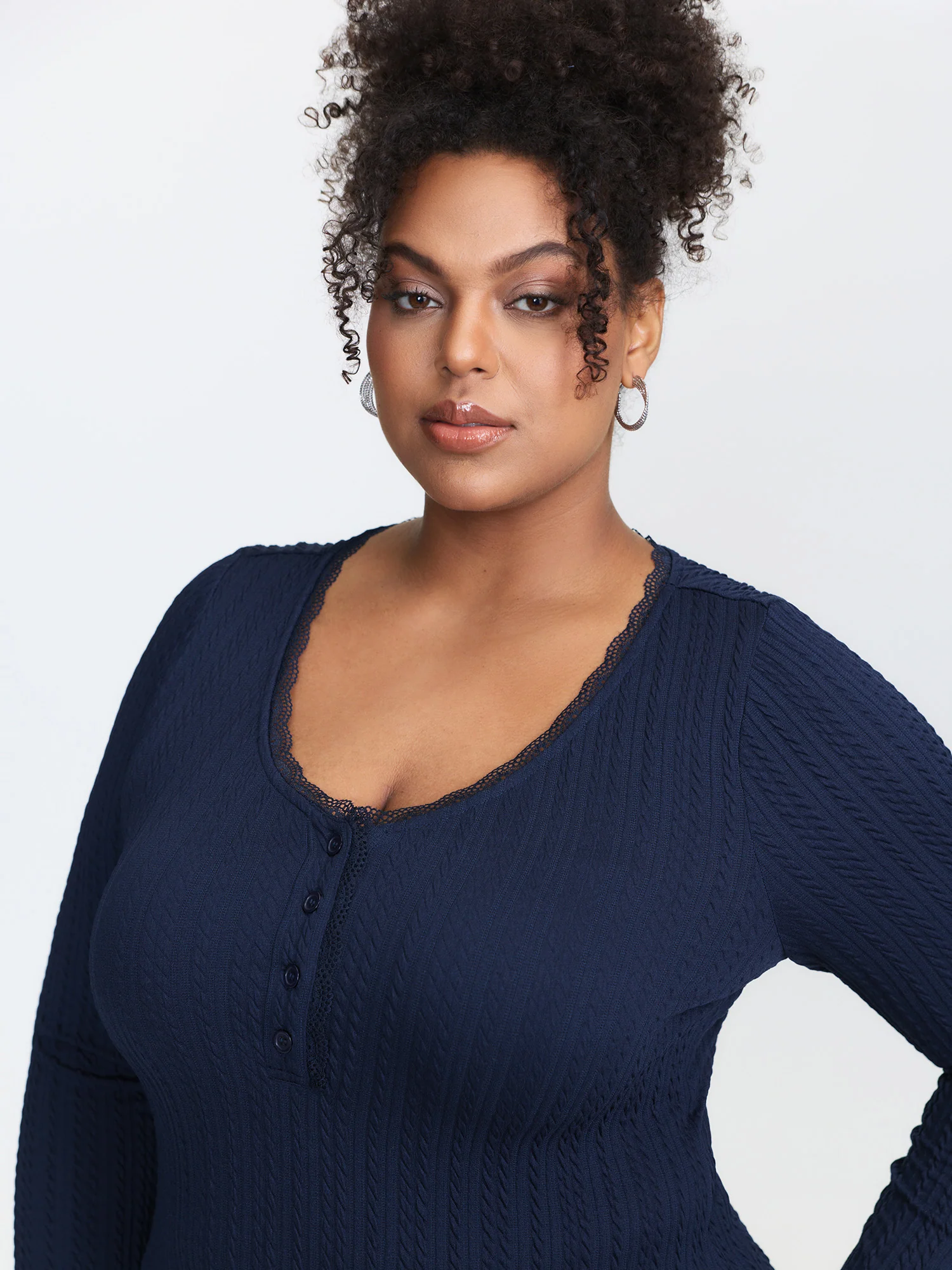 Lace Trim Ribbed V-Neck T-Shirt - Image 3