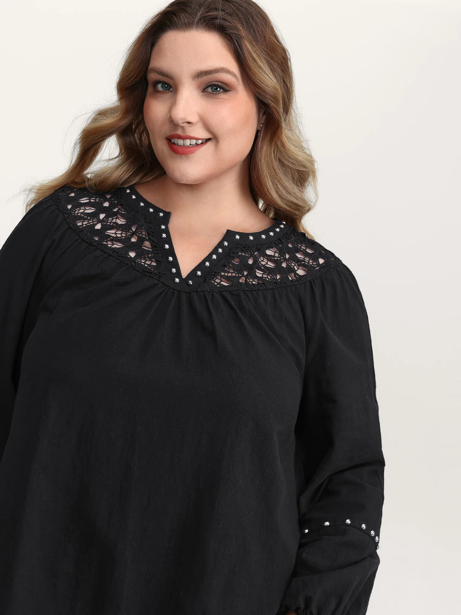 Lace Trim Rivets Cut-Out Blouse - Image 2