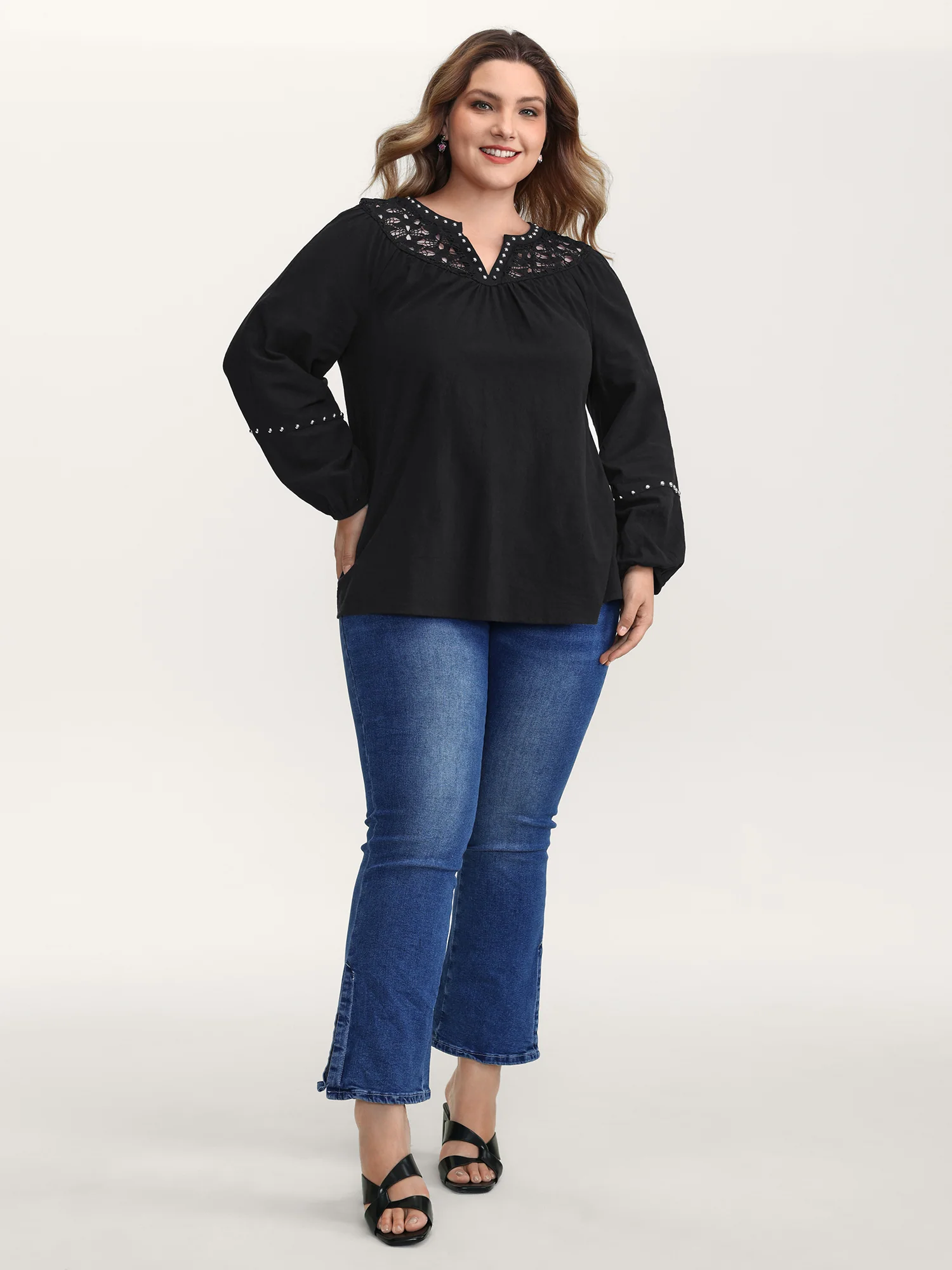 Lace Trim Rivets Cut-Out Blouse - Image 3