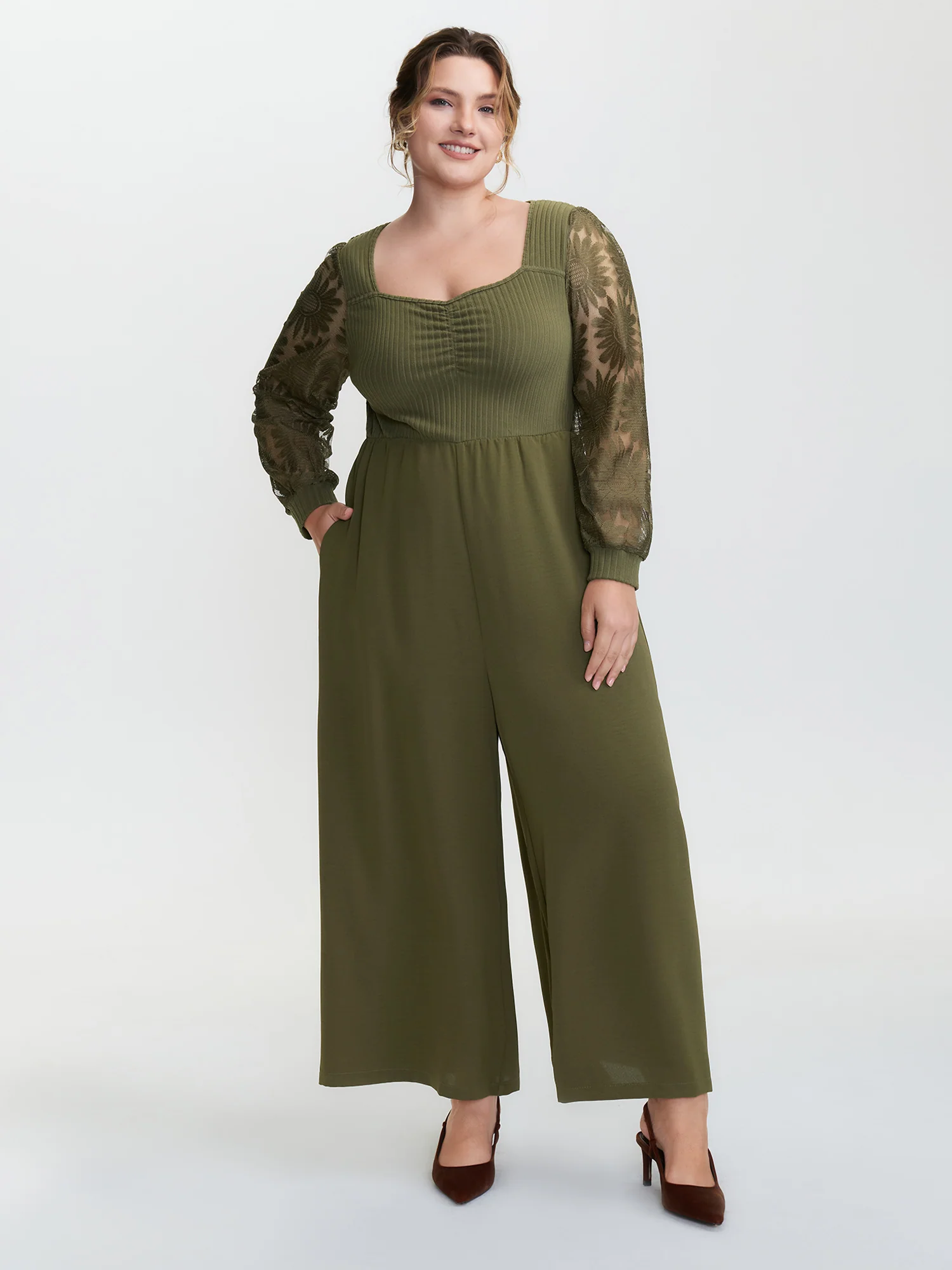 Lace Trim Ruched Velvety Bodice Jumpsuit