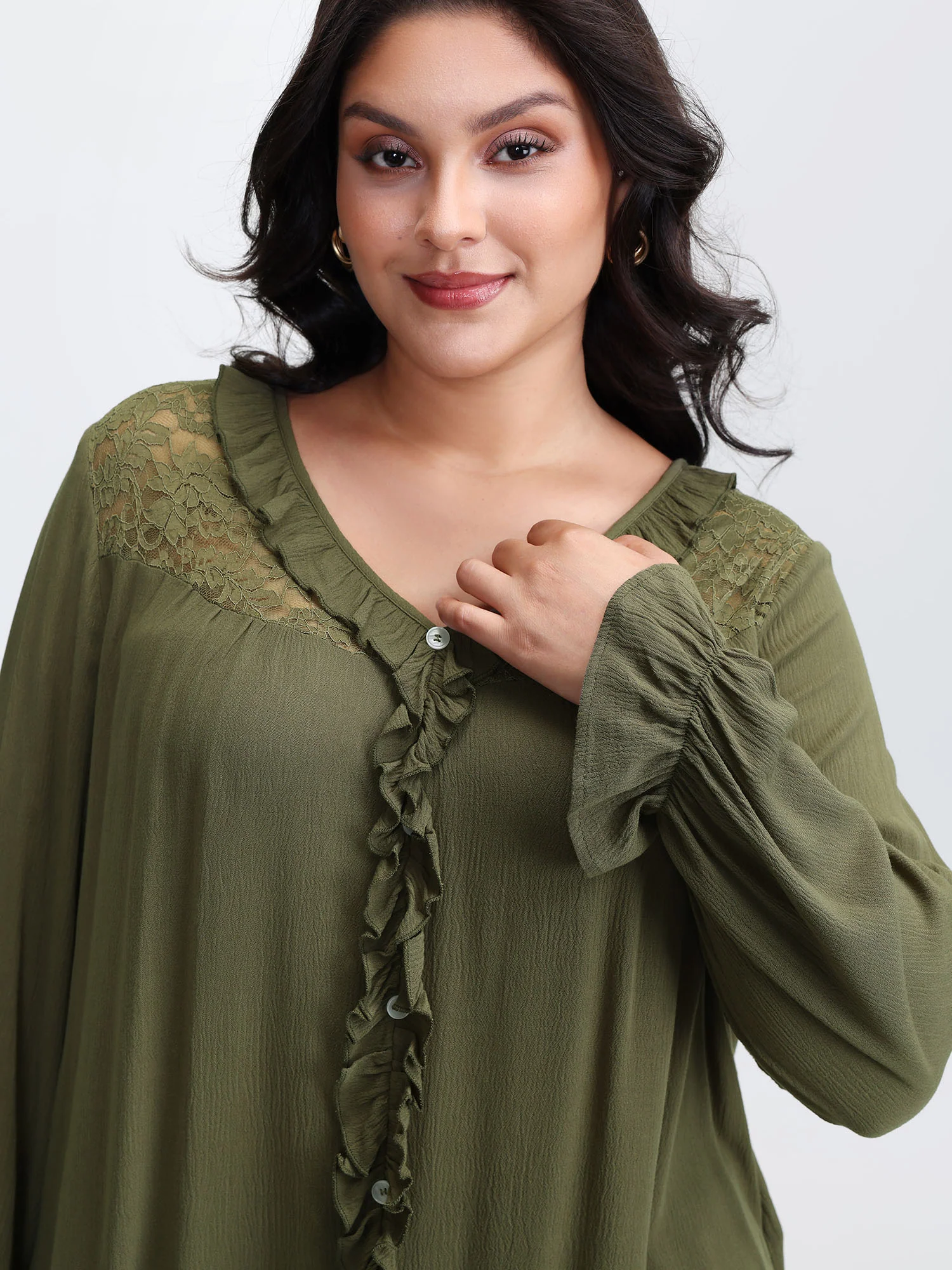 Lace Trim Ruffled Edge Button Blouse - Image 2